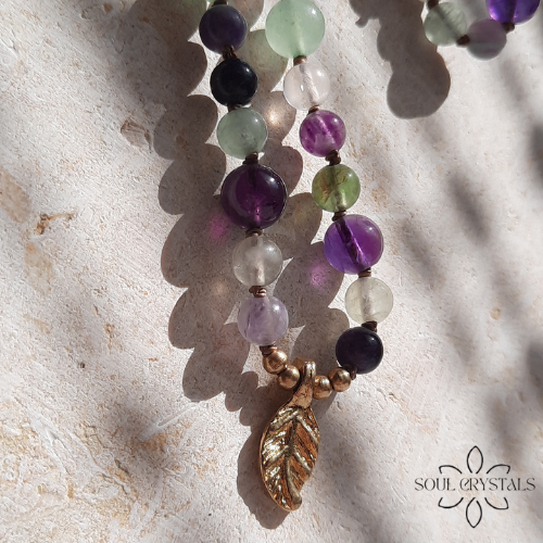 Amethyst, Aventurin mit Fluorit Mala goldfarben