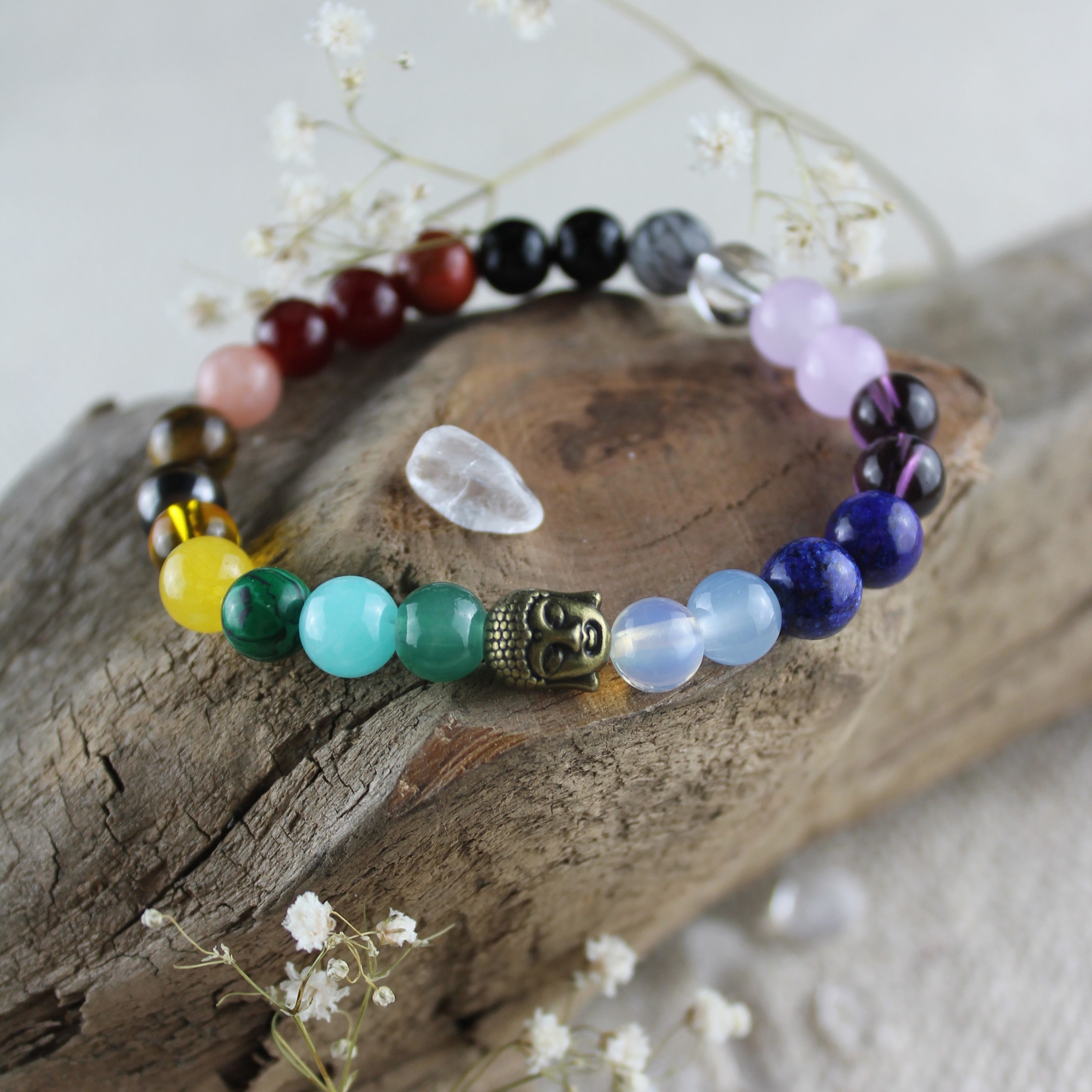 Chakra Edelsteinarmband mit Buddha gold- oder silberfarben