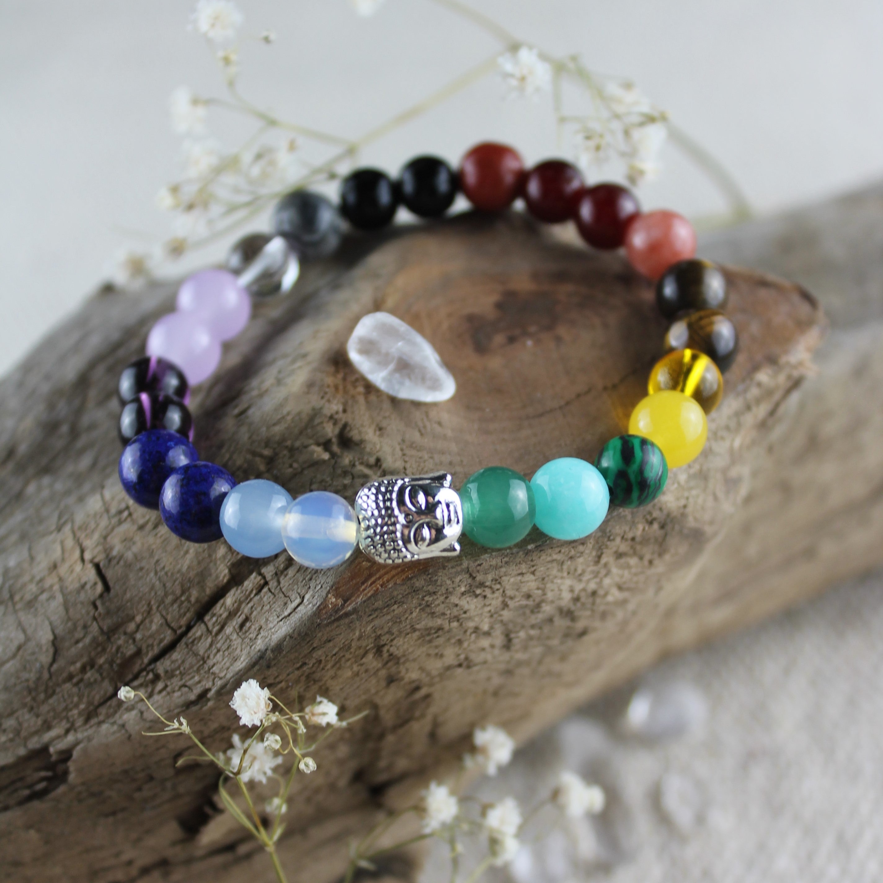 Chakra Edelsteinarmband mit Buddha gold- oder silberfarben