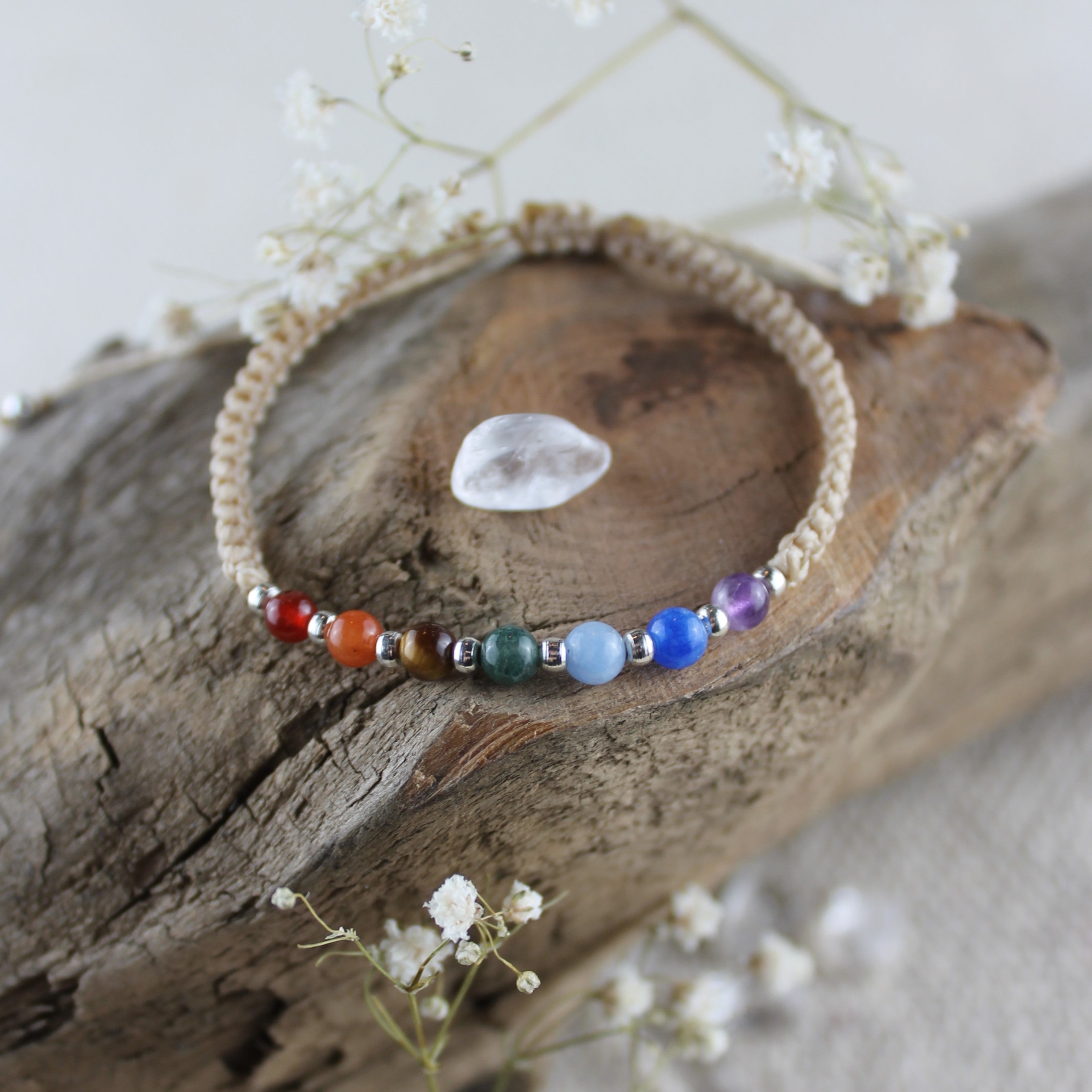 Chakra Edelsteinarmband Makramee personalisiert gold- oder silberfarben 4mm