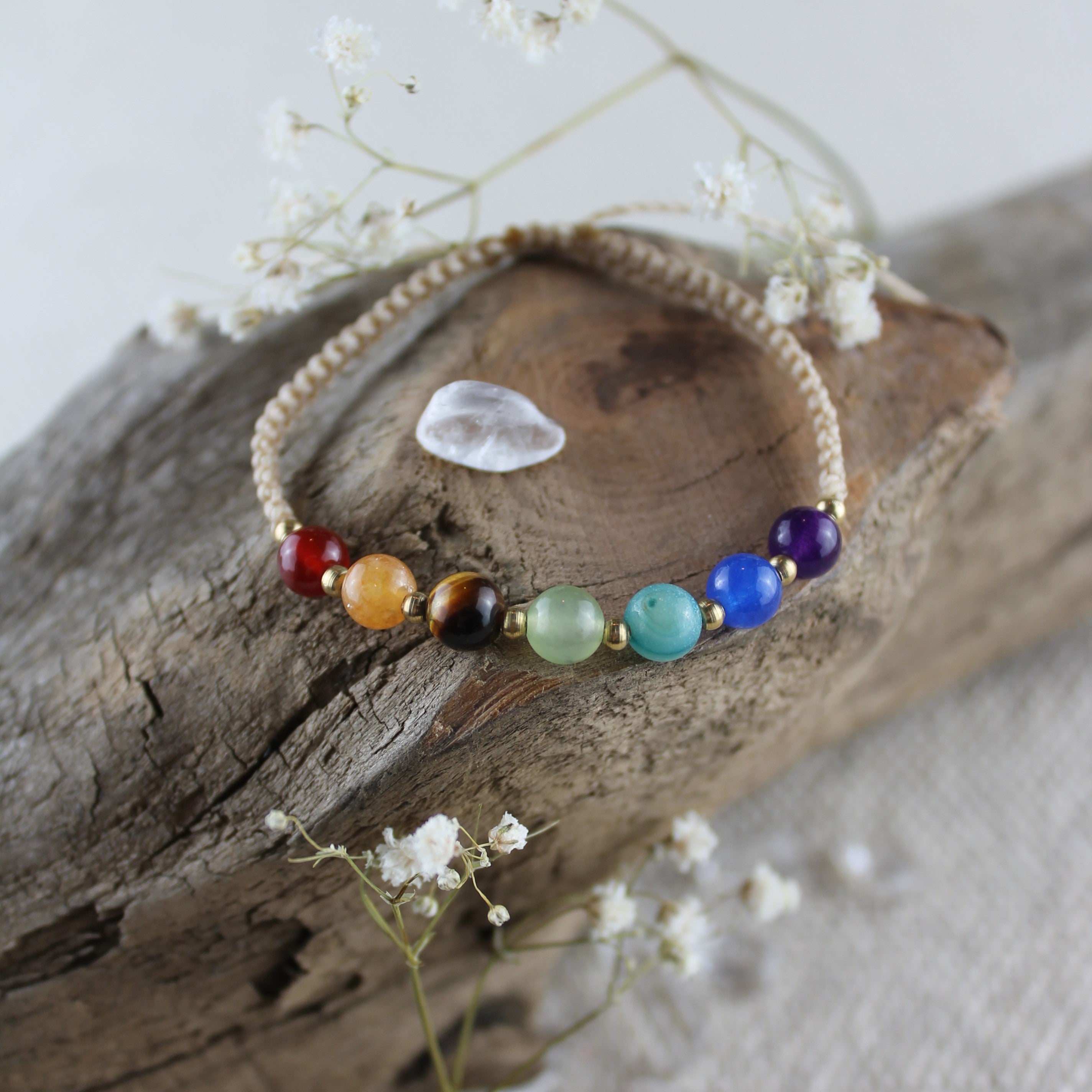 Chakra Edelsteinarmband Makramee personalisiert gold- oder silberfarben 6mm