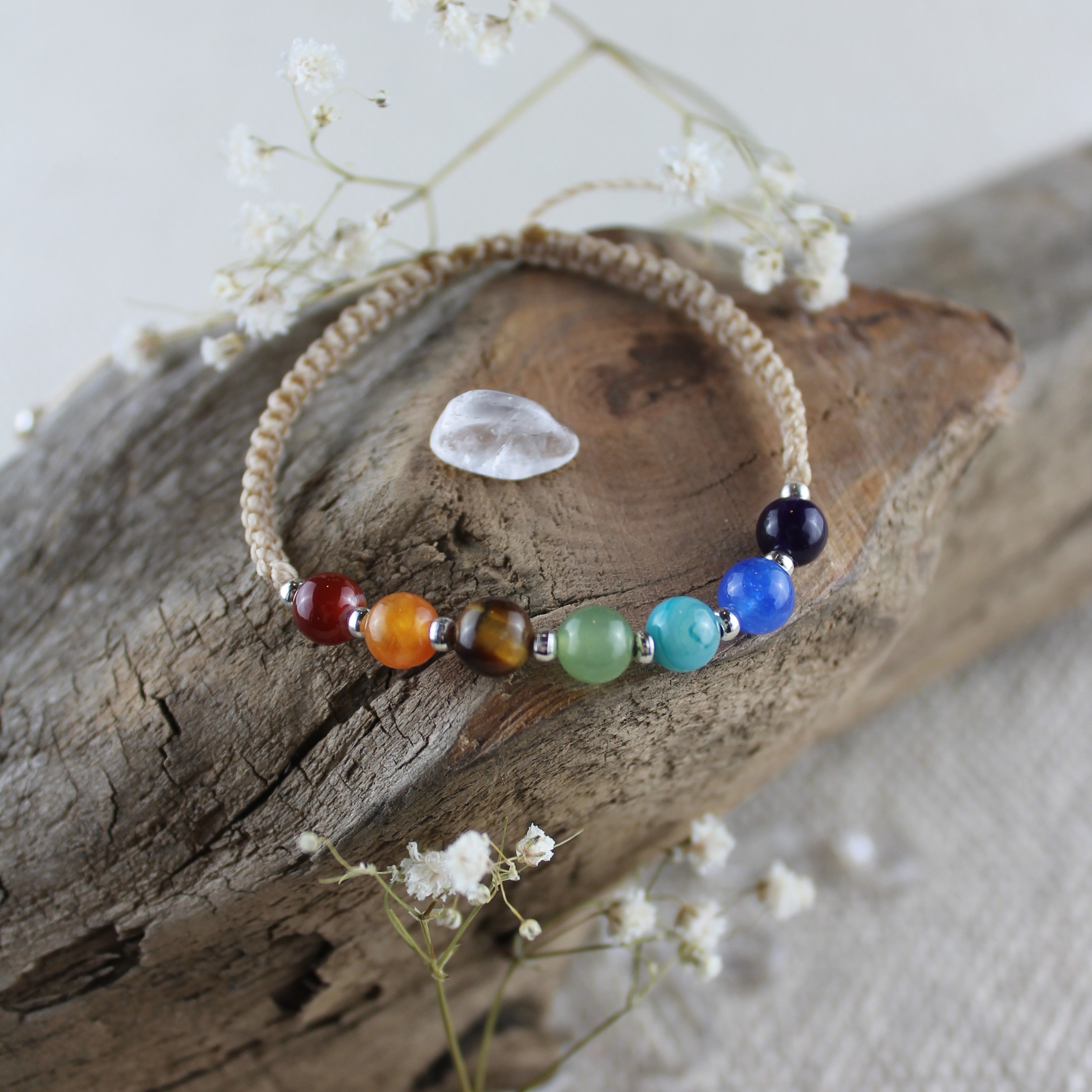 Chakra Edelsteinarmband Makramee personalisiert gold- oder silberfarben 6mm