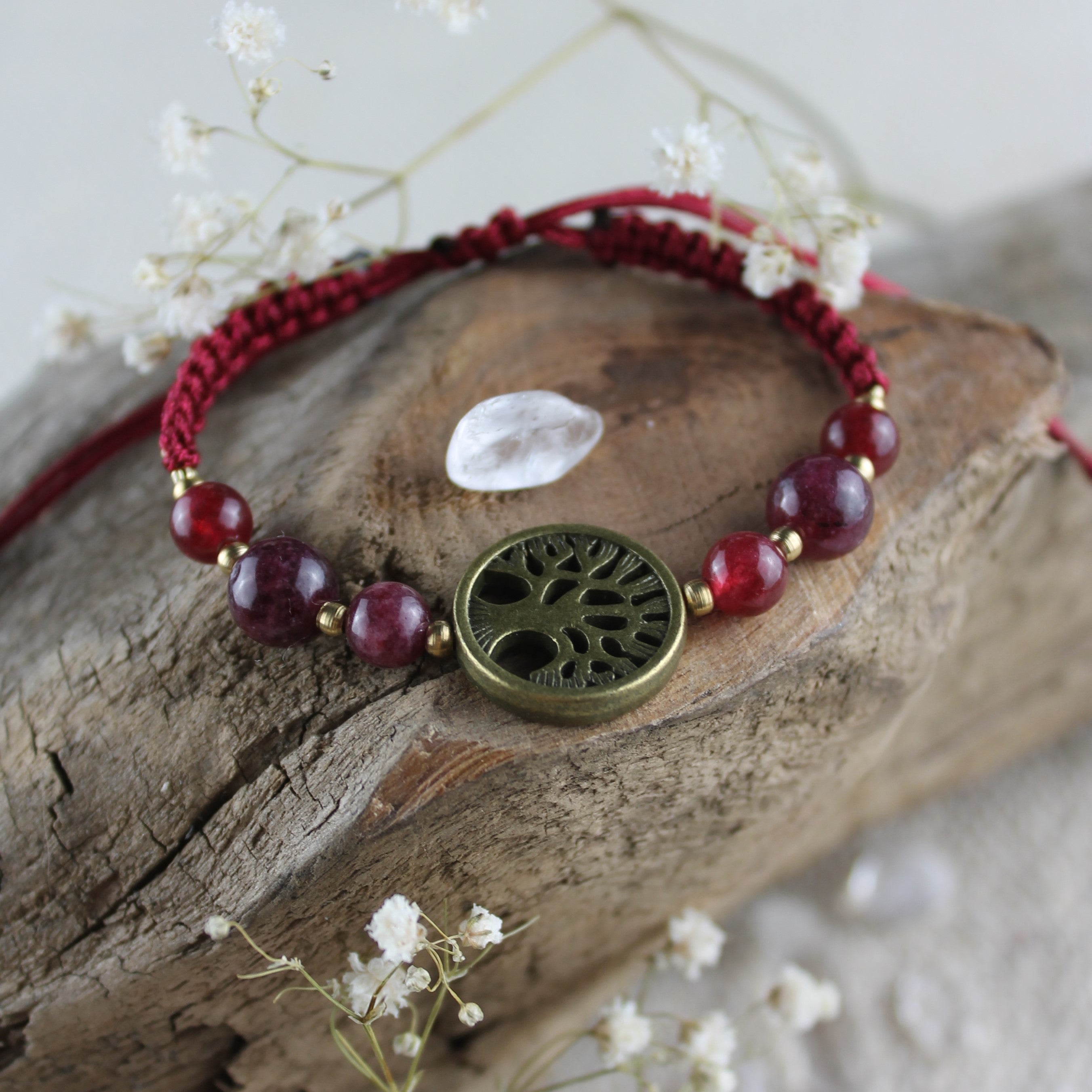 Granat Edelsteinarmband Makramee mit Lebensbaum goldfarben