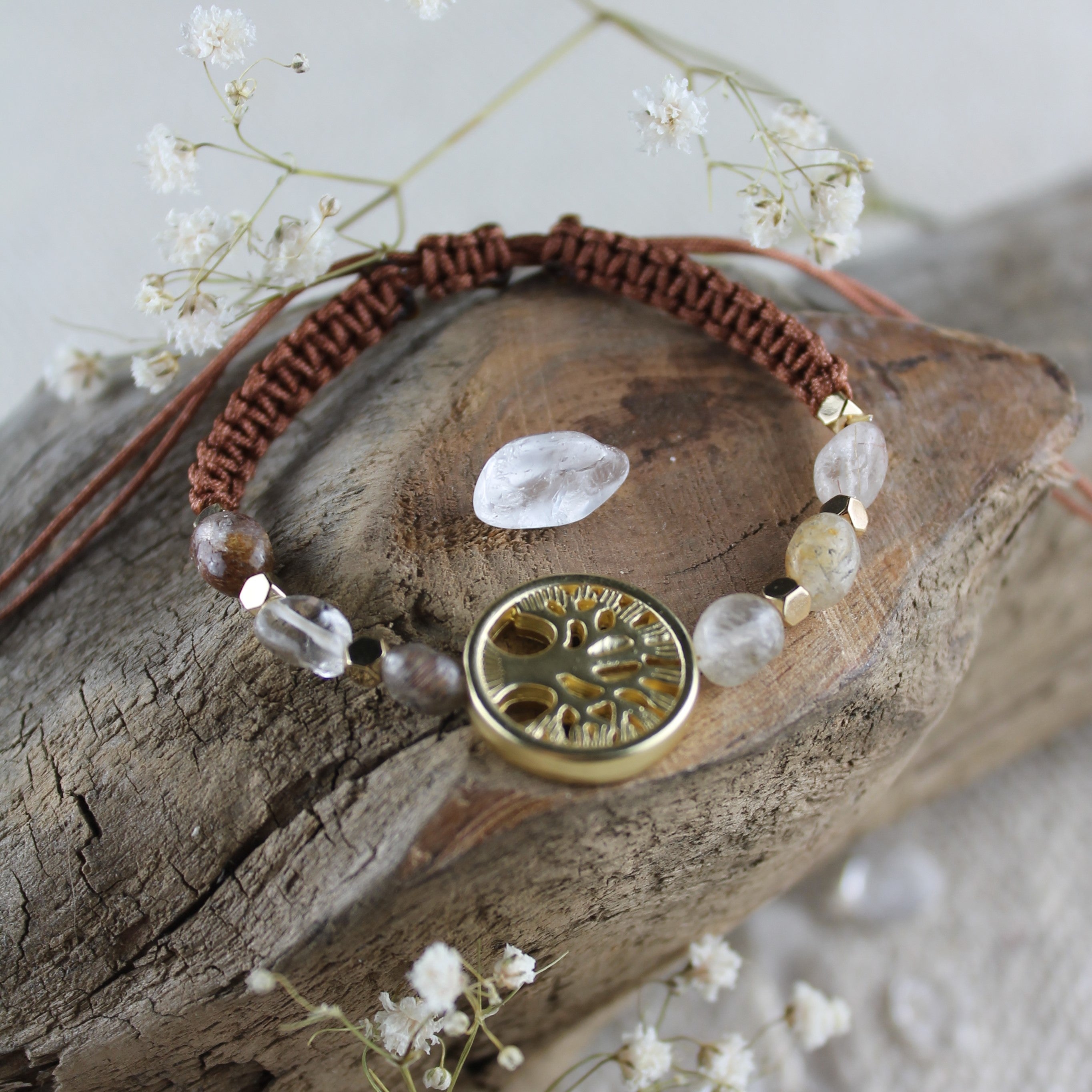 Citrin Prehnit Edelsteinarmband Makramee mit Lebensbaum goldfarben