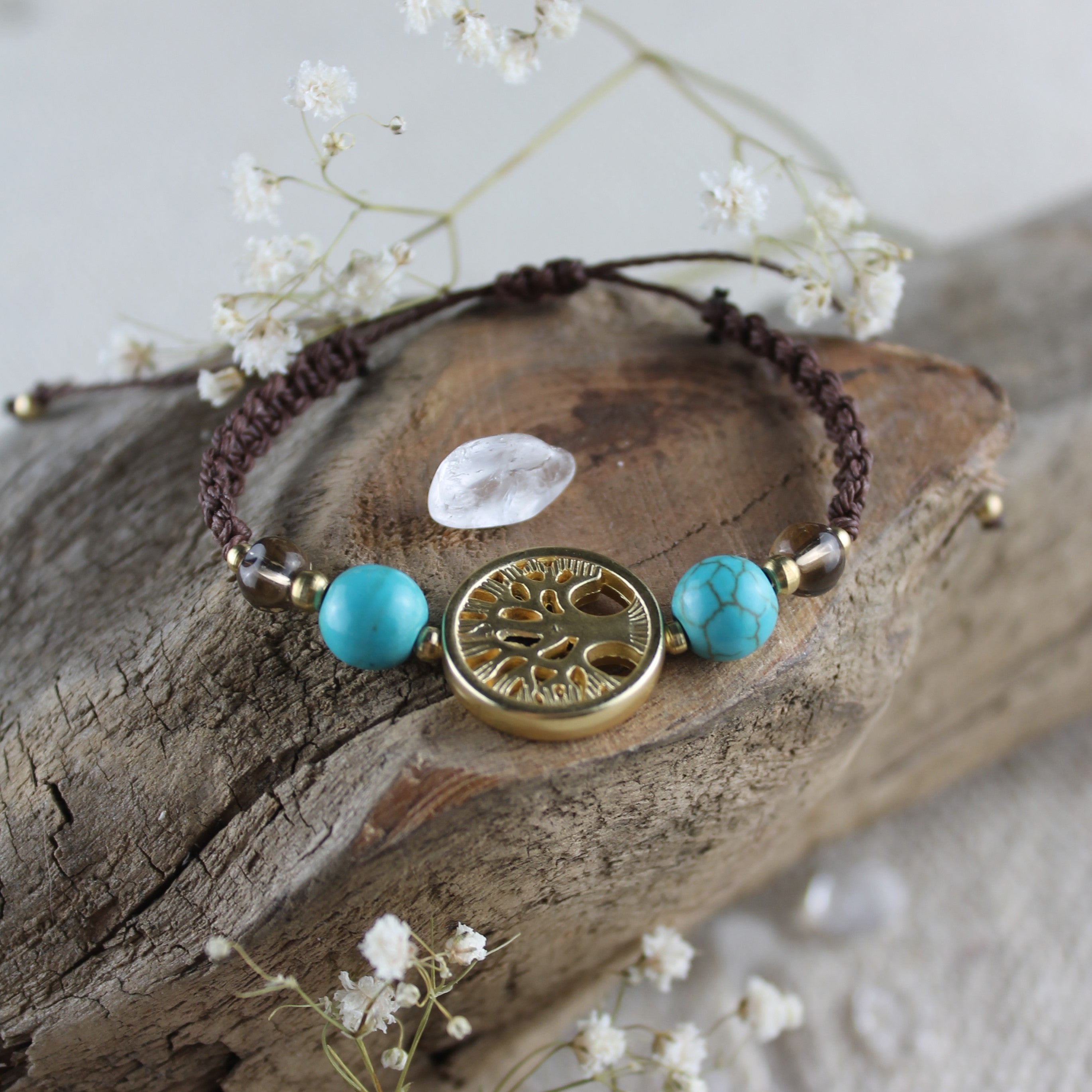 Rauchquarz Türkis Edelsteinarmband Makramee mit Lebensbaum gold- oder silberfarben