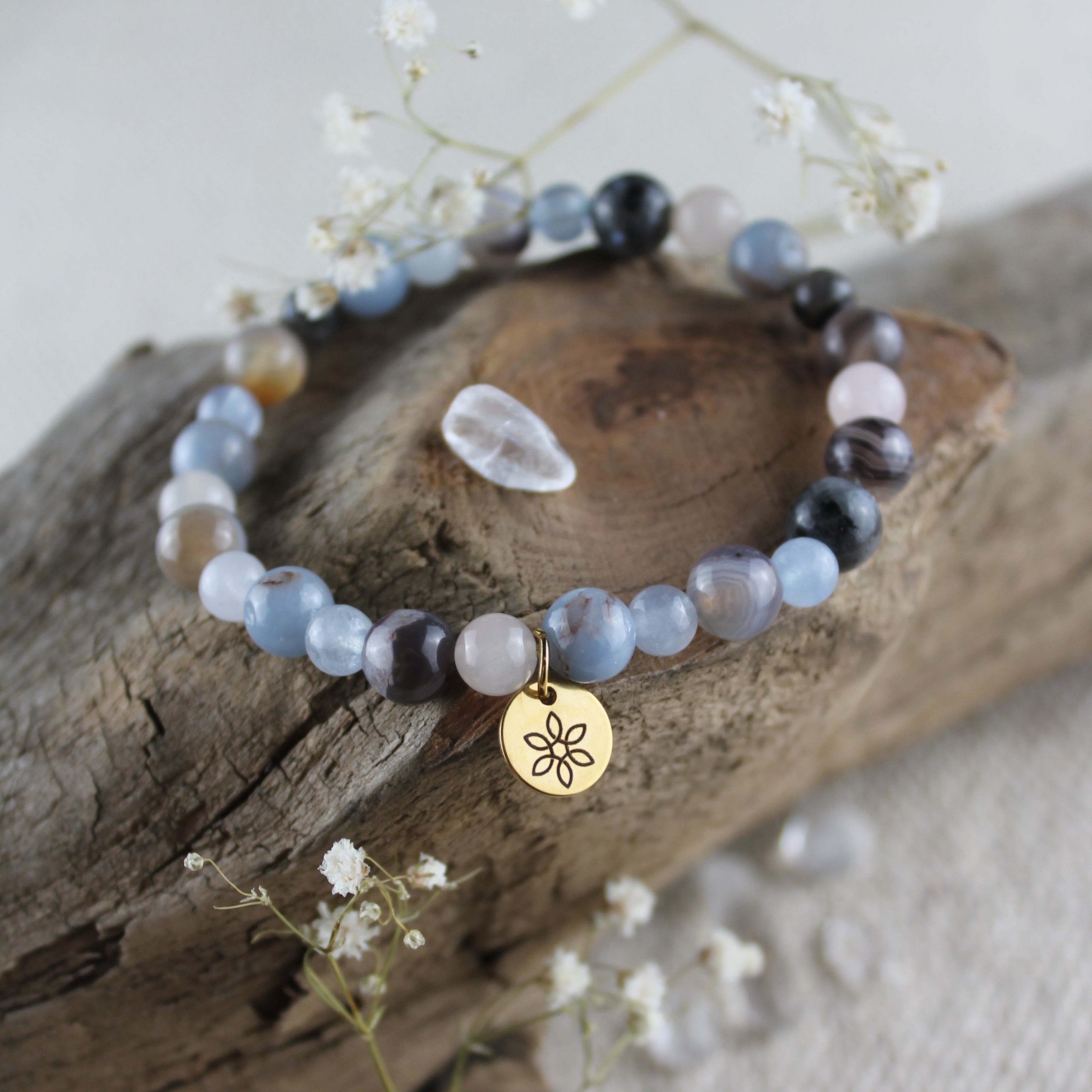 Aquamarin Bandachat Labradorit Edelsteinarmband goldfarben Einheitsgröße
