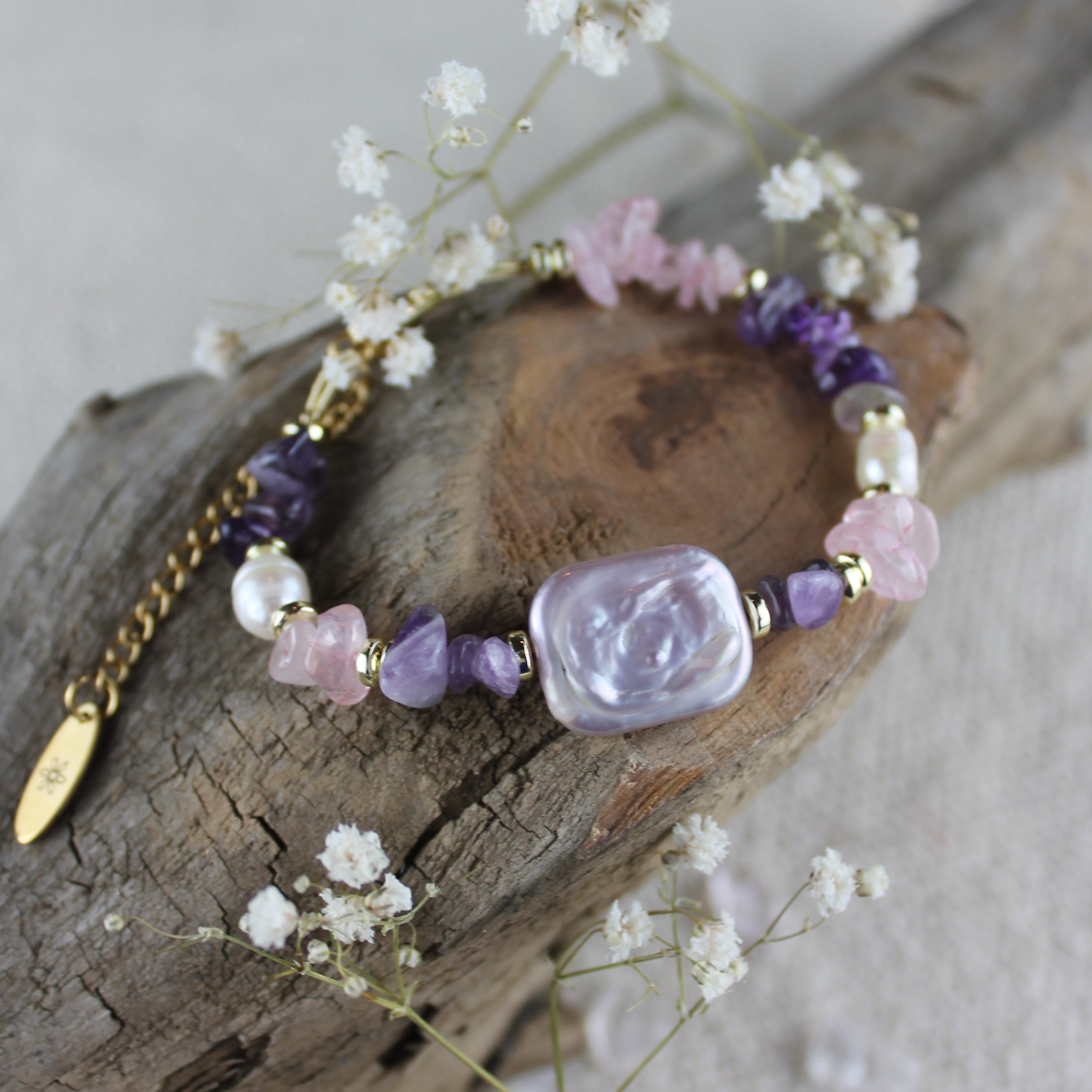 Amethyst Barockperle Rosenquarz mit Süßwasserperlen Edelsteinarmband mit Verschluss goldfarben
