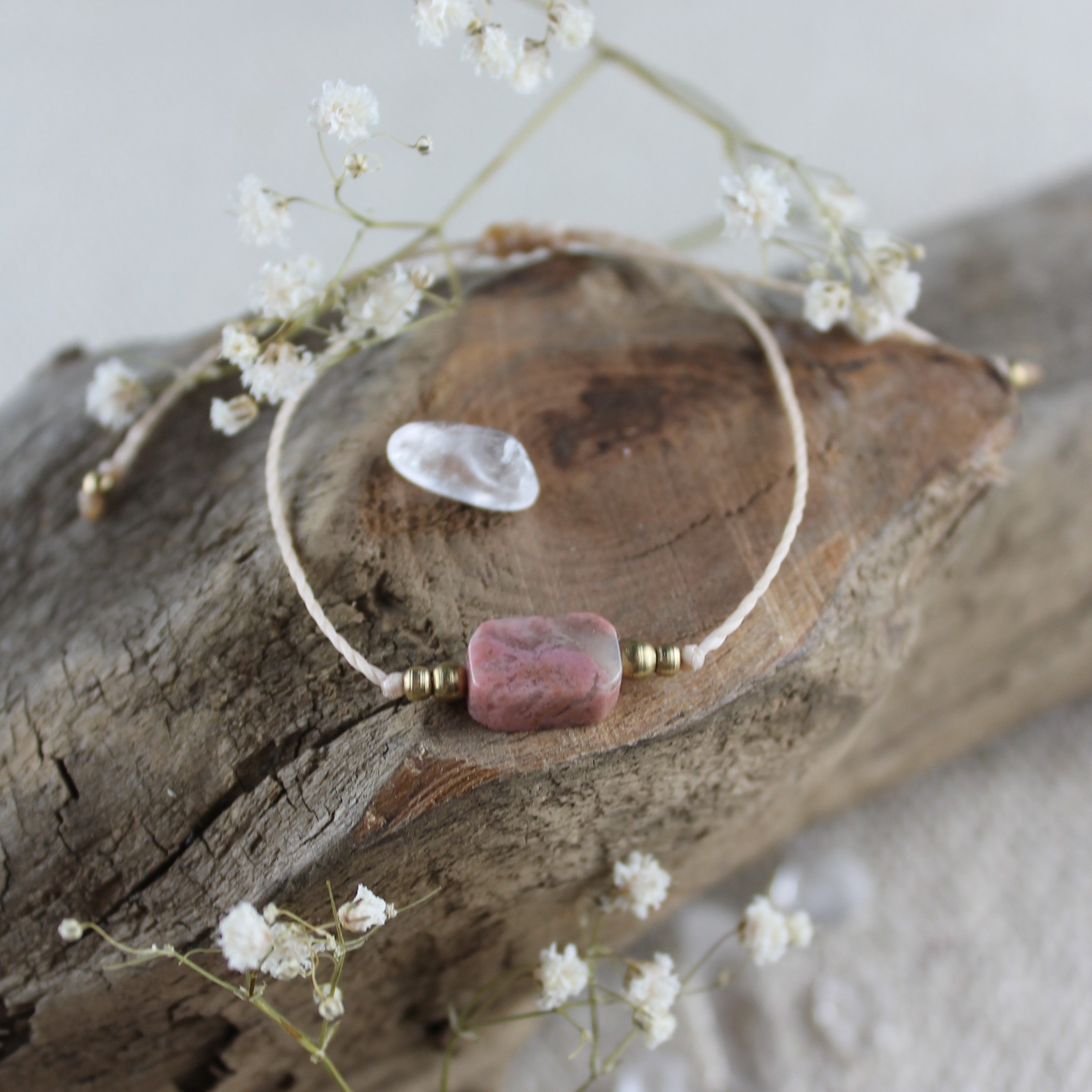 Rhodochrosit pur Edelsteinarmband Makramee goldfarben