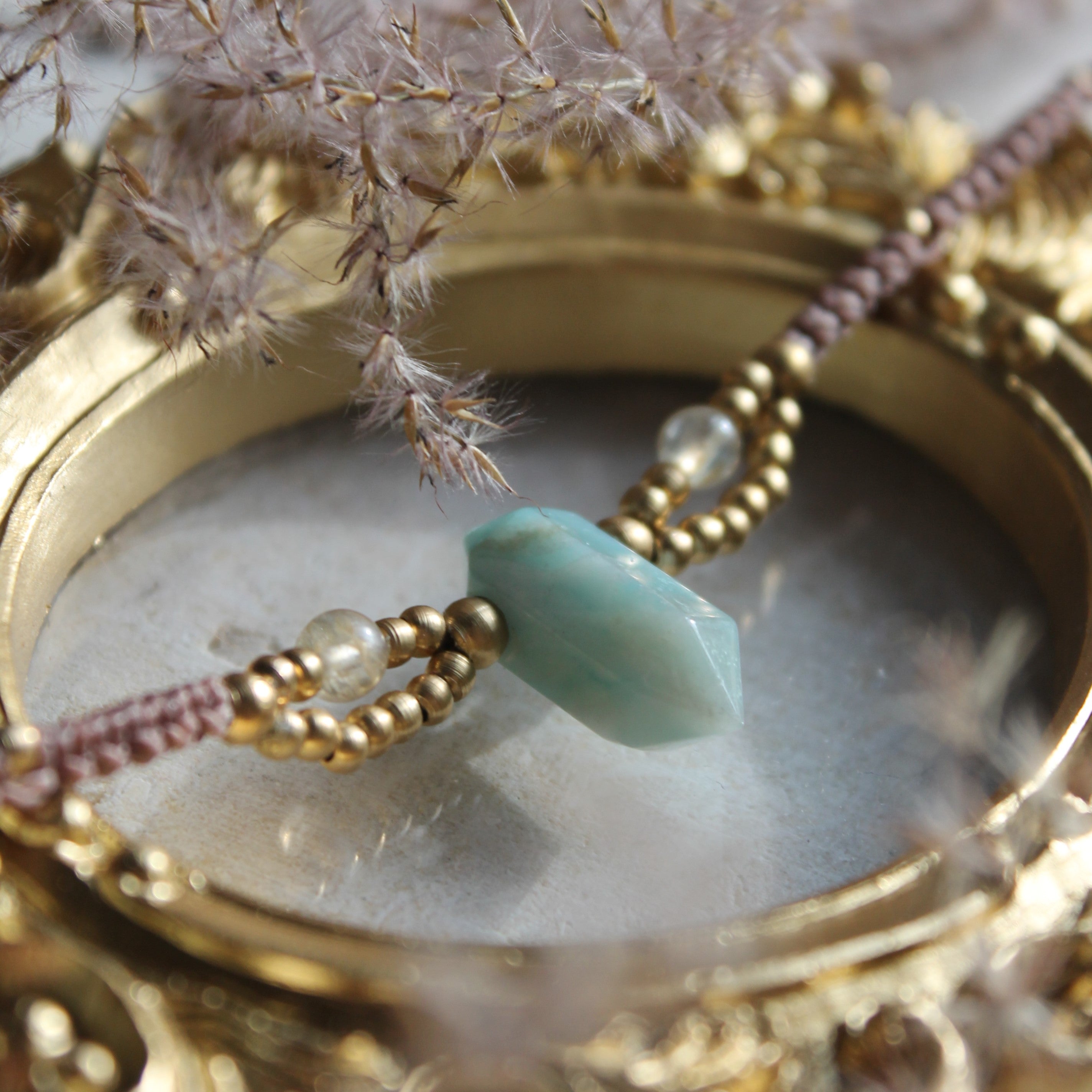 Amazonit Citrin Choker Kette Makramee goldfarben