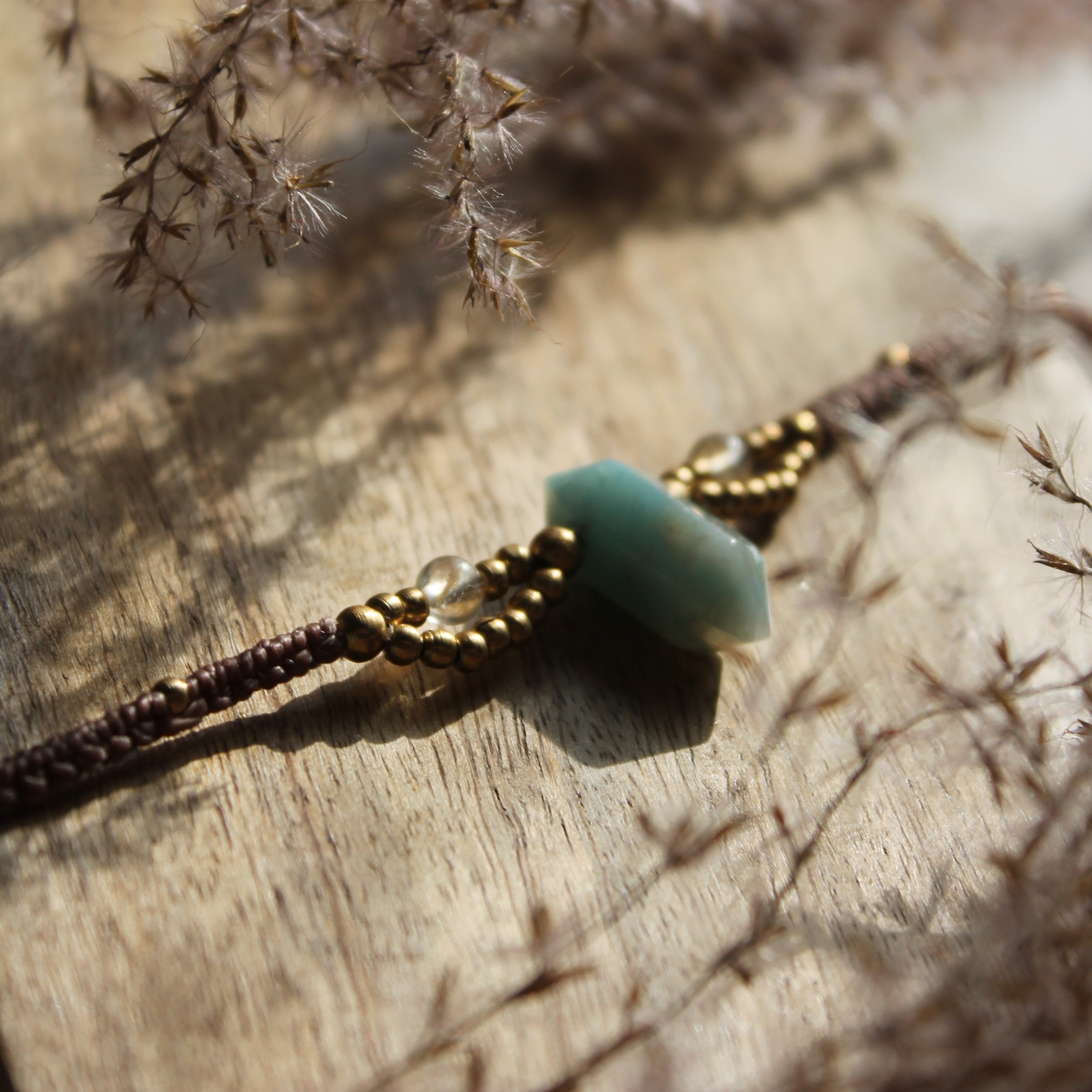 Amazonit Citrin Choker Kette Makramee goldfarben