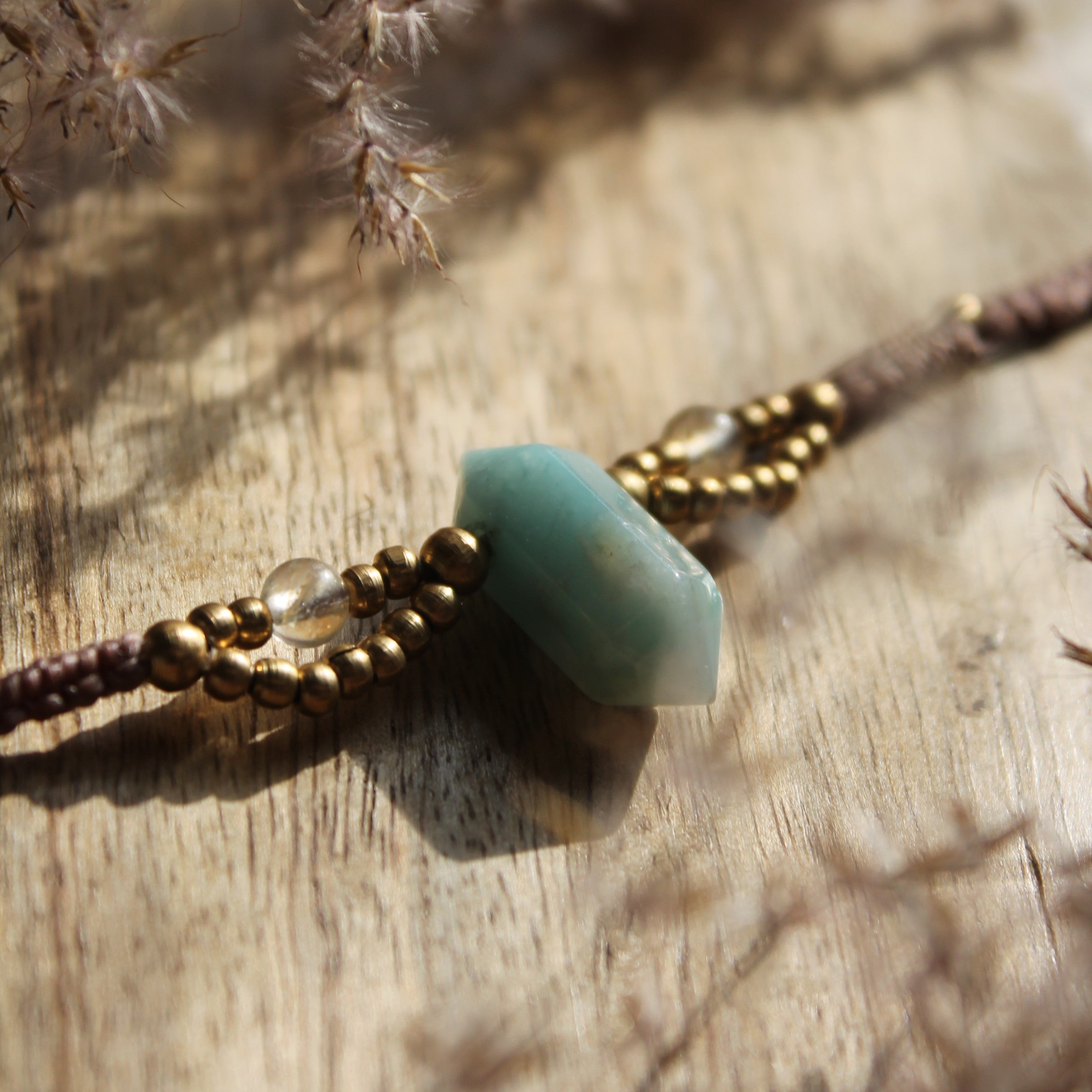 Amazonit Citrin Choker Kette Makramee goldfarben