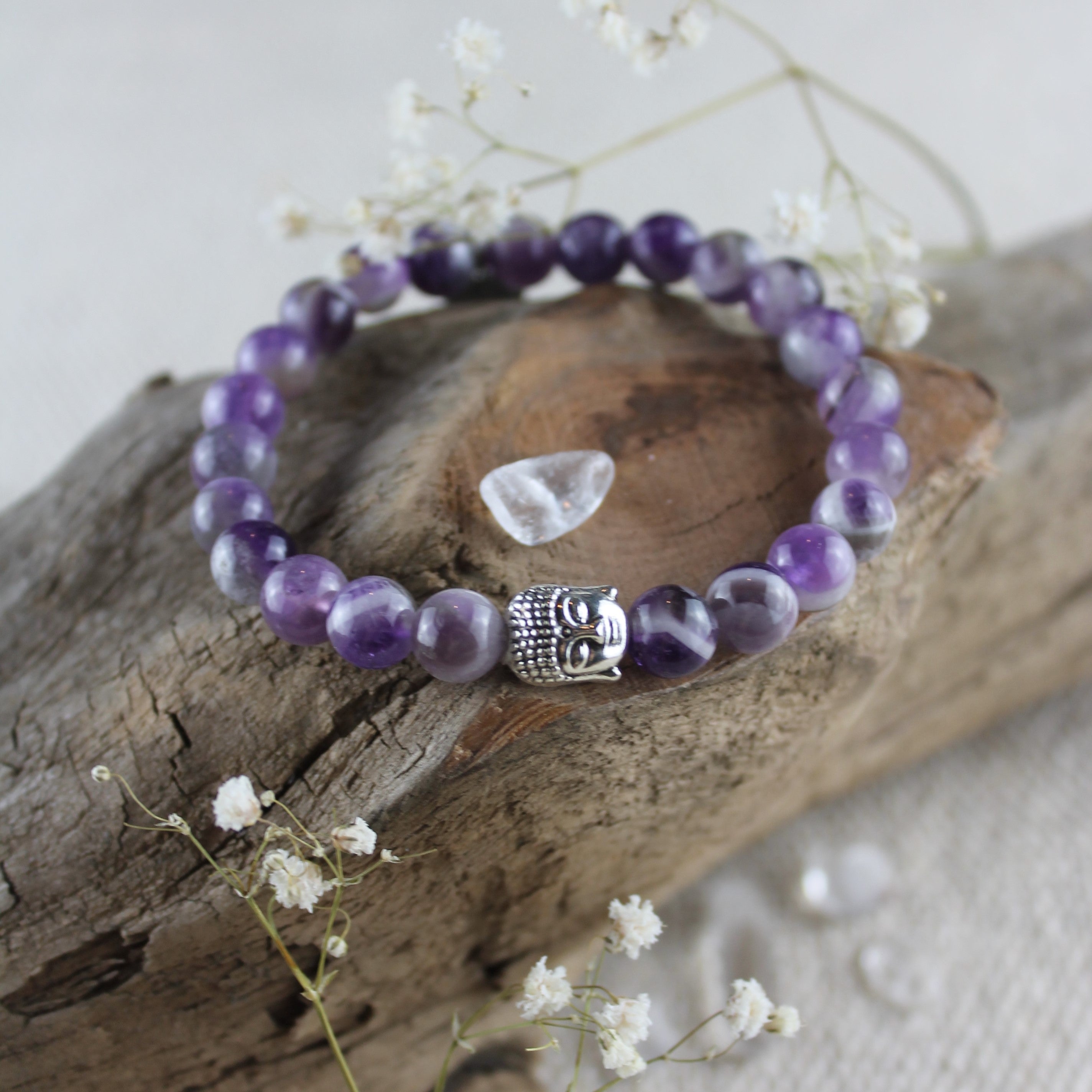 Amethyst Edelsteinarmband mit Buddha silberfarben