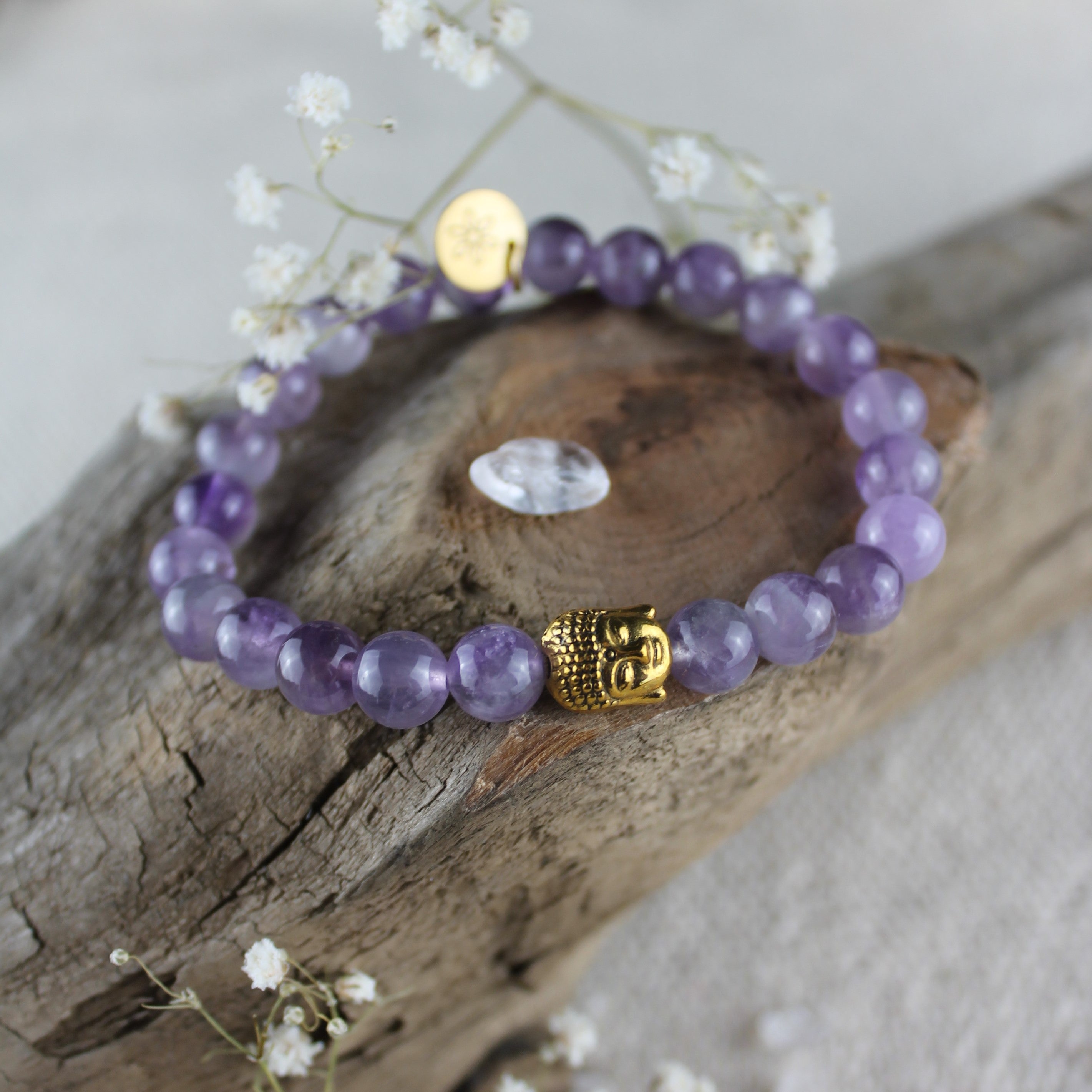 Amethyst Edelsteinarmband mit Buddha goldfarben