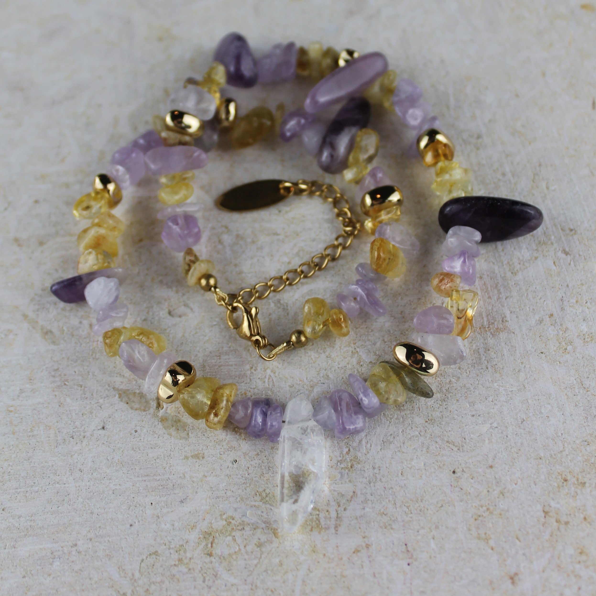 Amethyst Citrin Splitter Choker Kette mit Bergkristallspitze Hämatit goldfarben