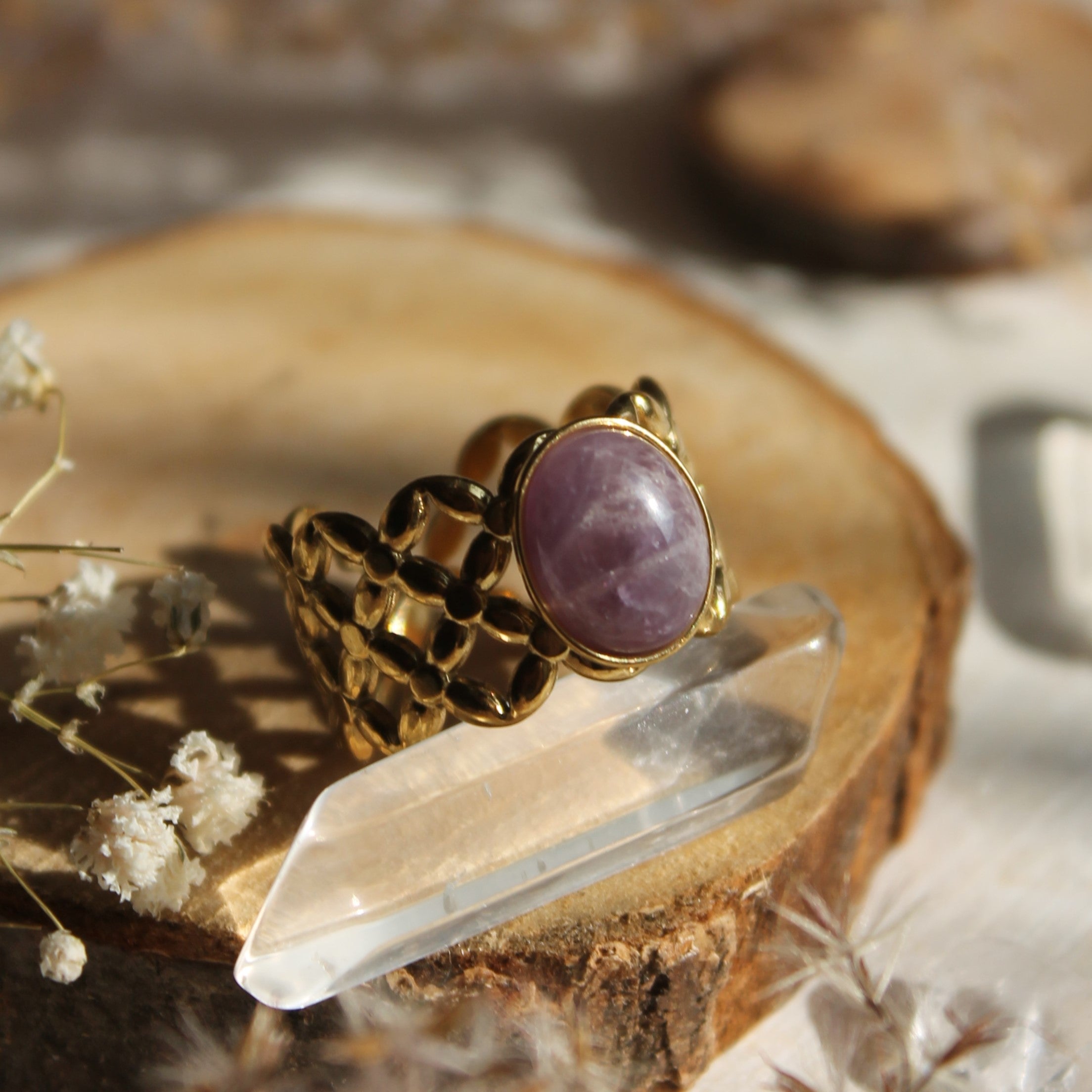 Amethyst Edelsteinring AMARI größenverstellbar goldfarben