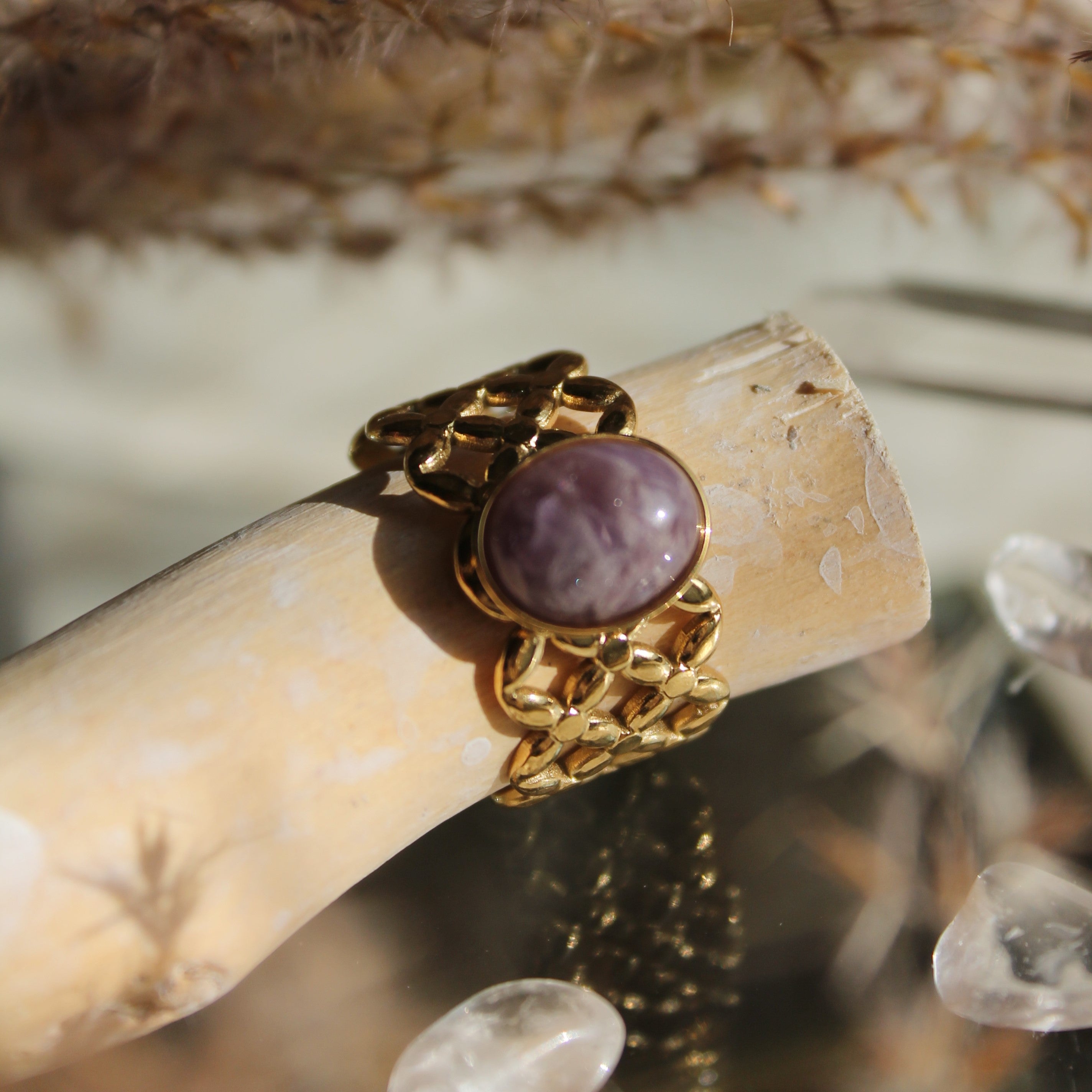 Amethyst Edelsteinring AMARI größenverstellbar goldfarben