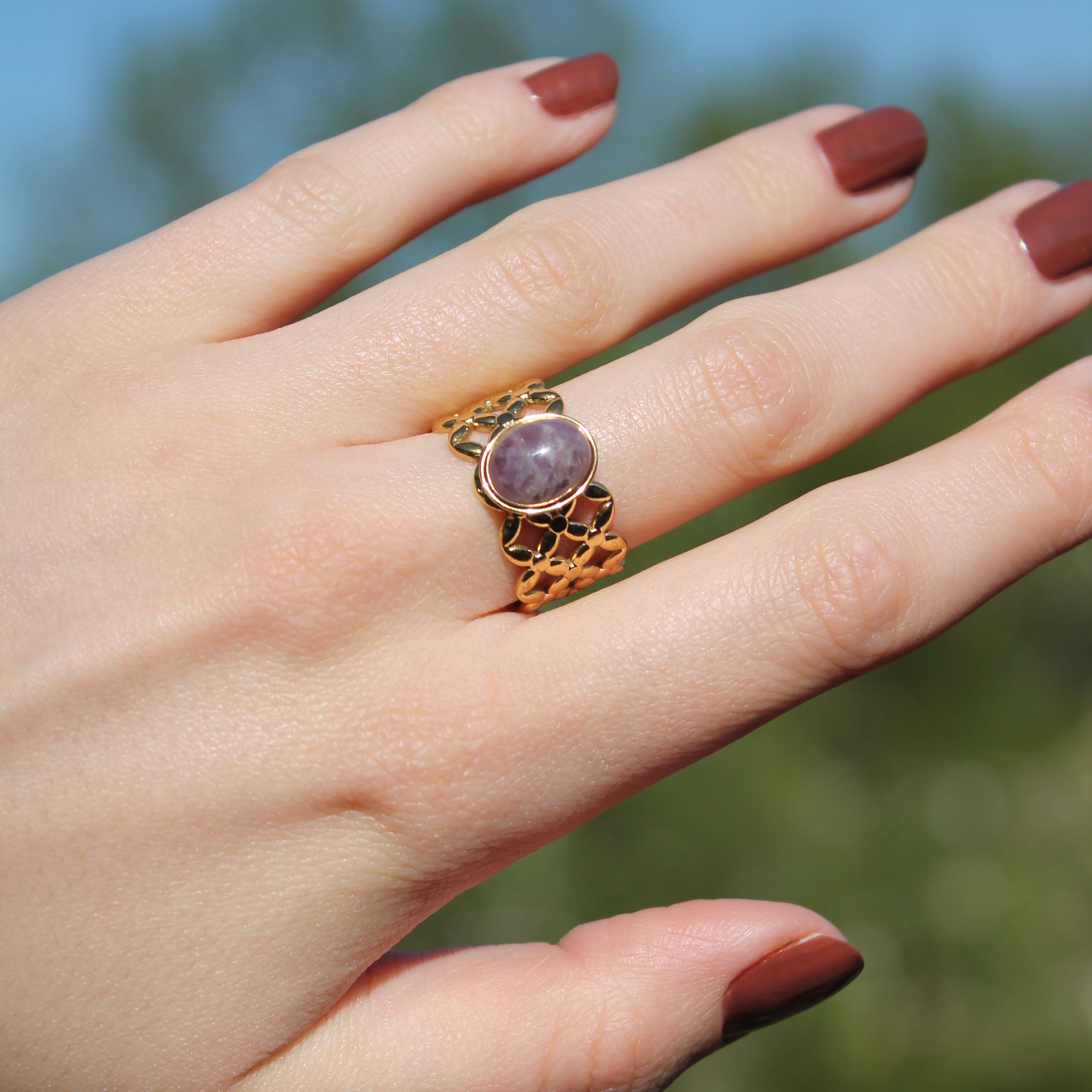 Amethyst Edelsteinring AMARI größenverstellbar goldfarben
