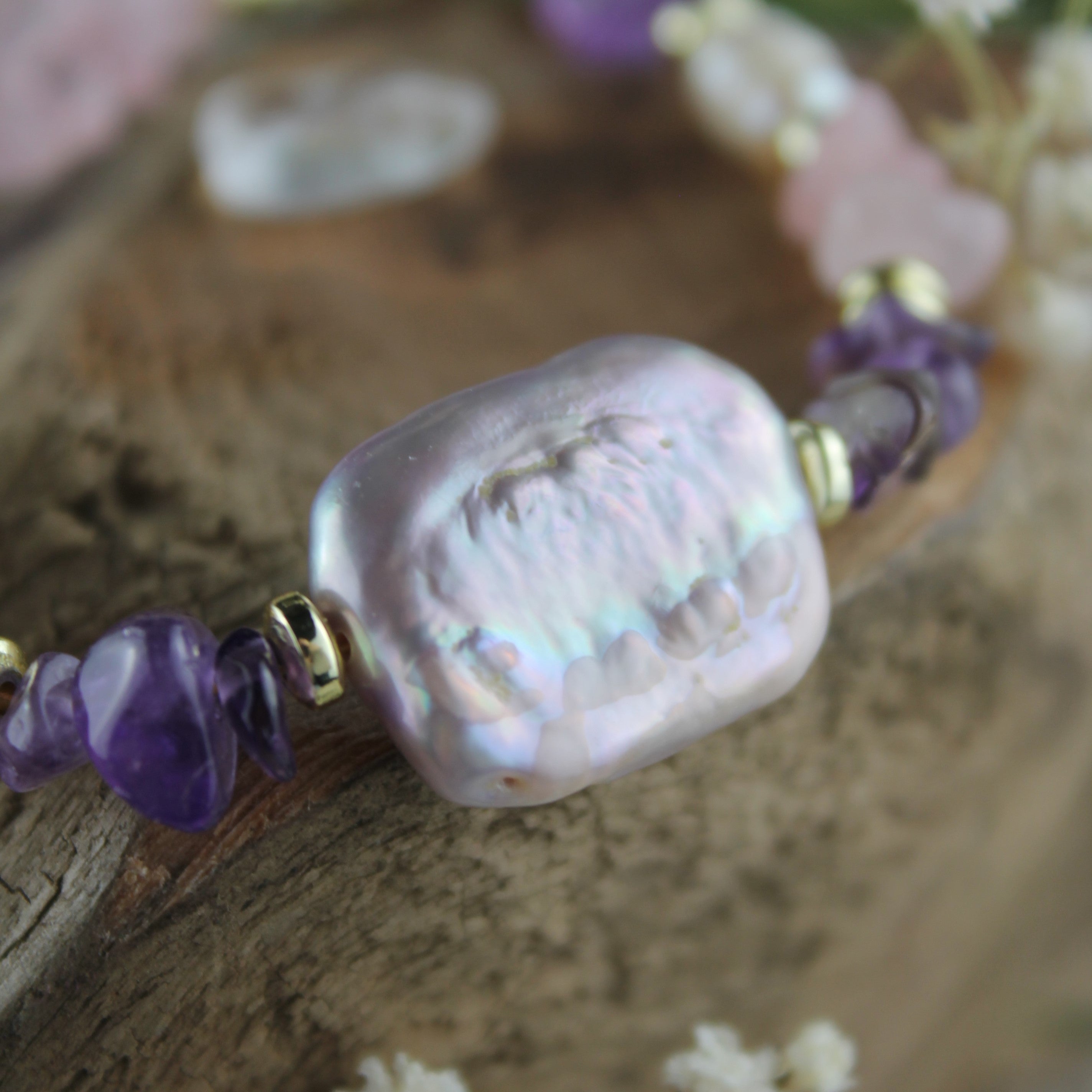 Amethyst Barockperle Rosenquarz mit Süßwasserperlen Edelsteinarmband mit Verschluss goldfarben