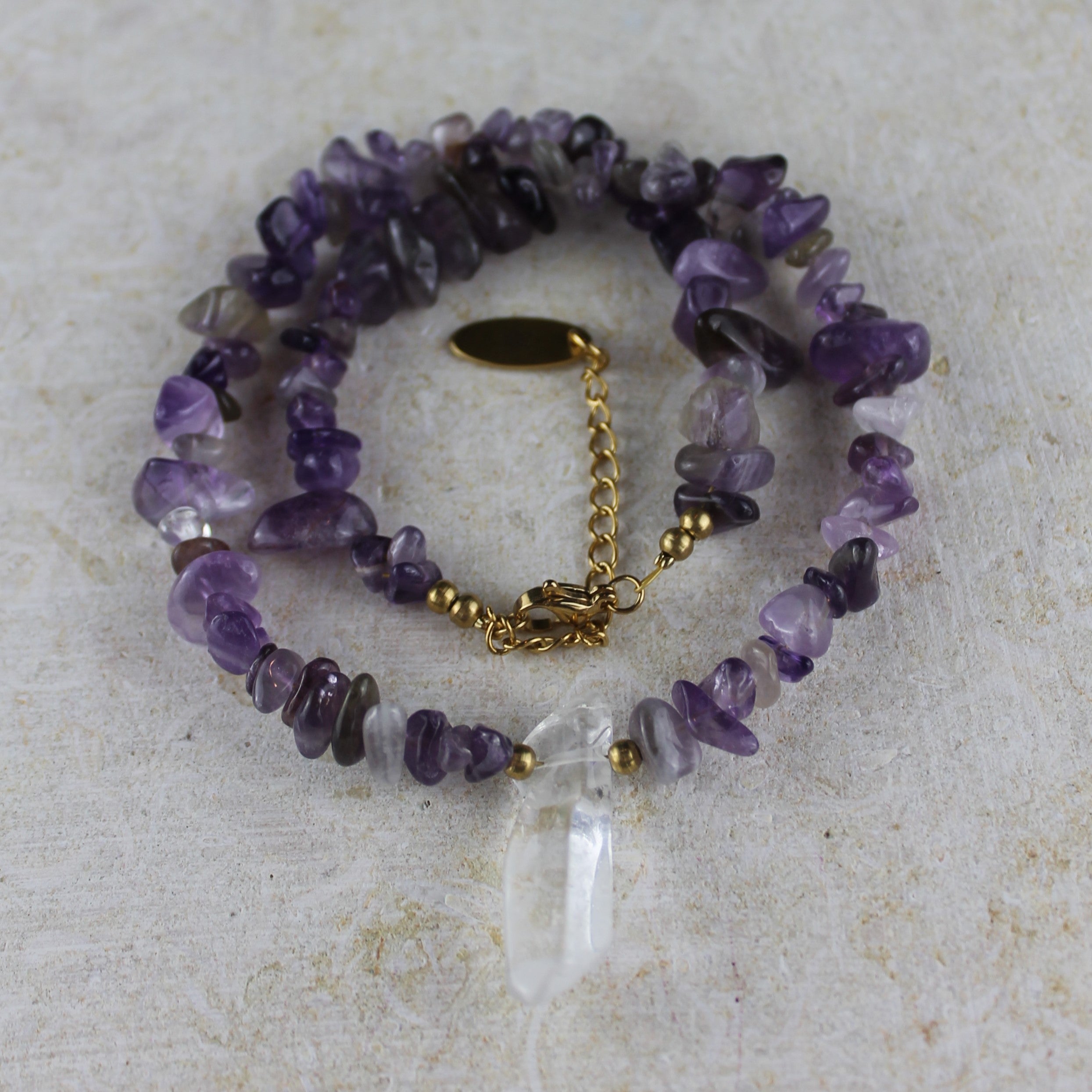 Amethyst Splitter Choker Kette mit Bergkristallspitze goldfarben