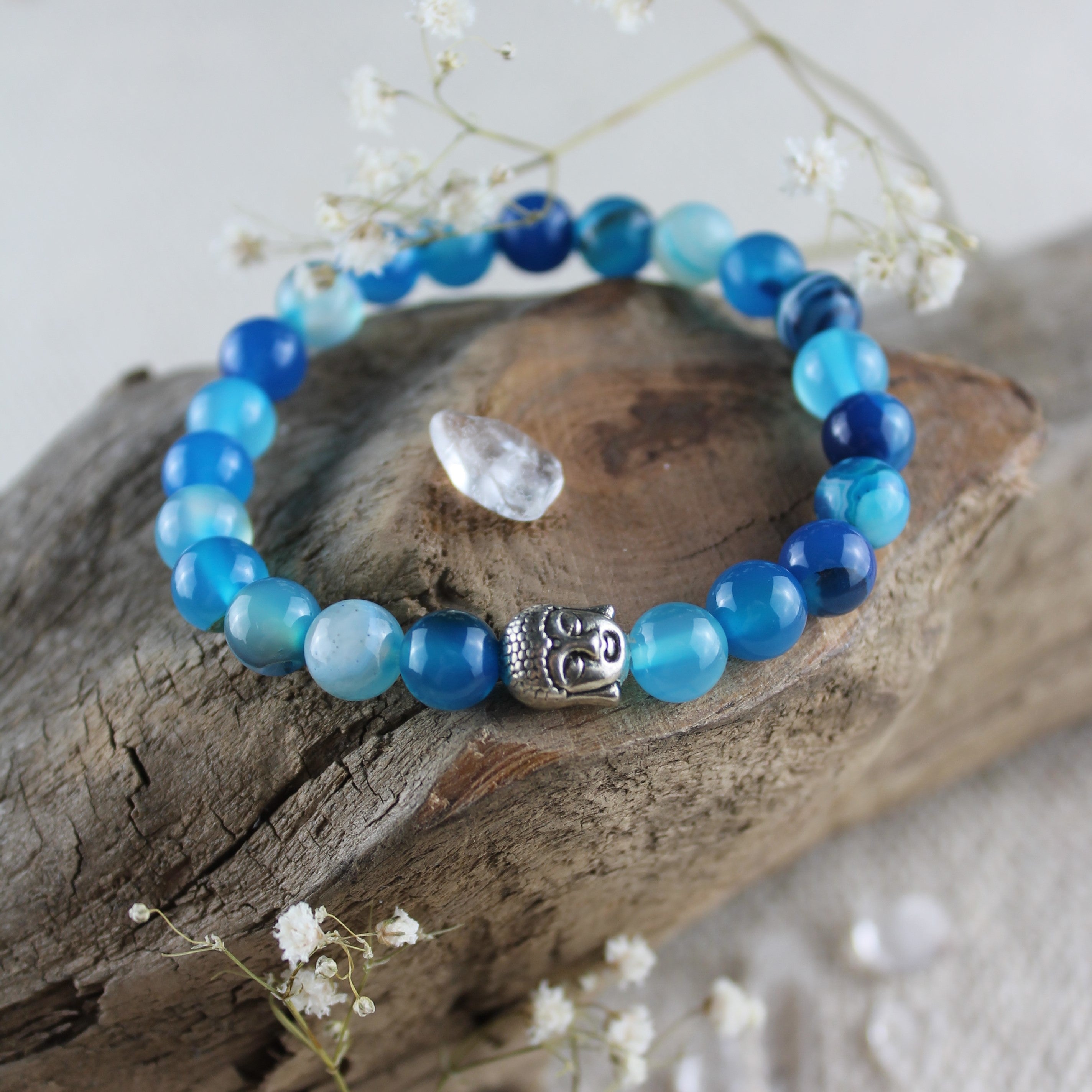 Blauer Bandachat Edelsteinarmband mit Buddha silberfarben