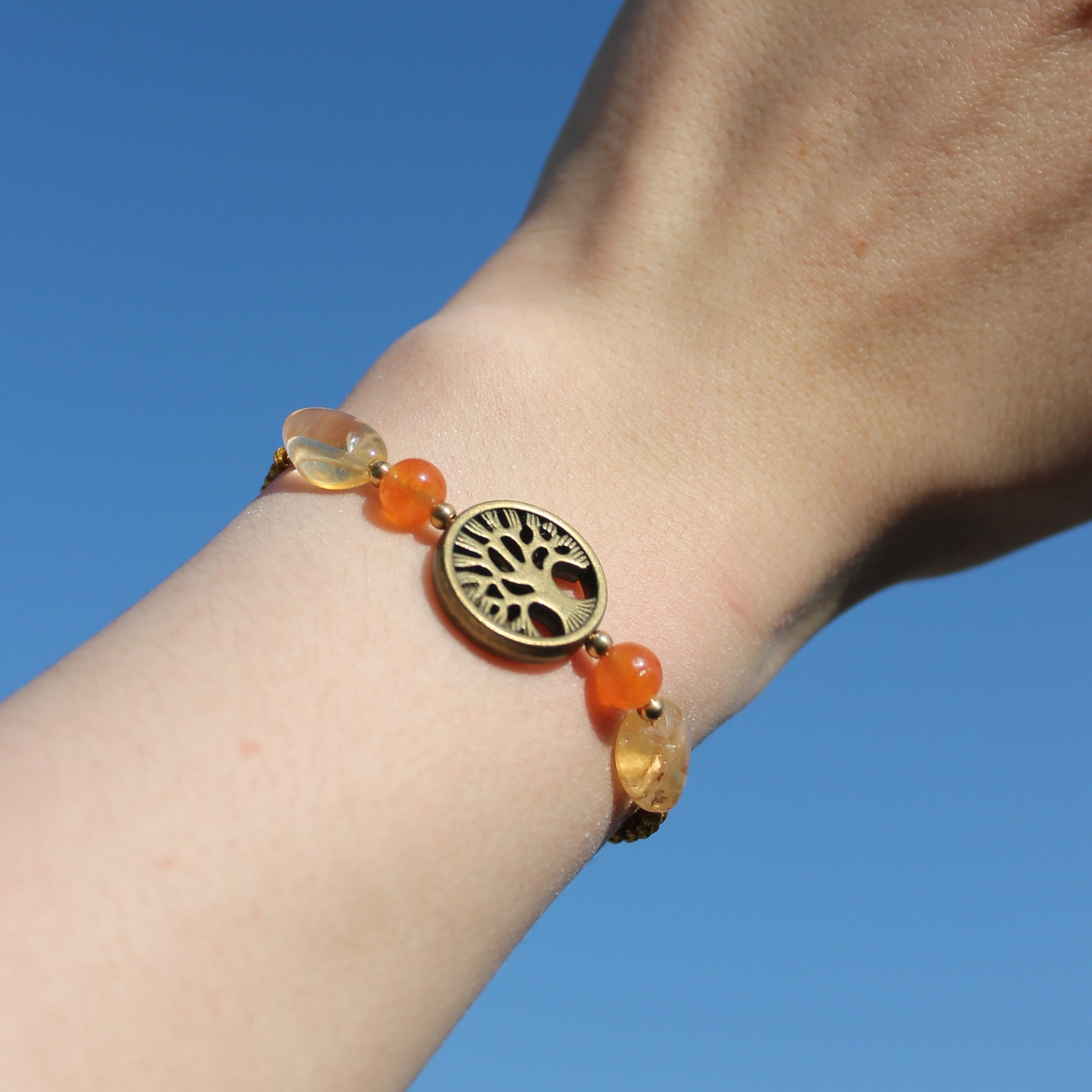 Carneol Citrin Edelsteinarmband Makramee mit Lebensbaum goldfarben