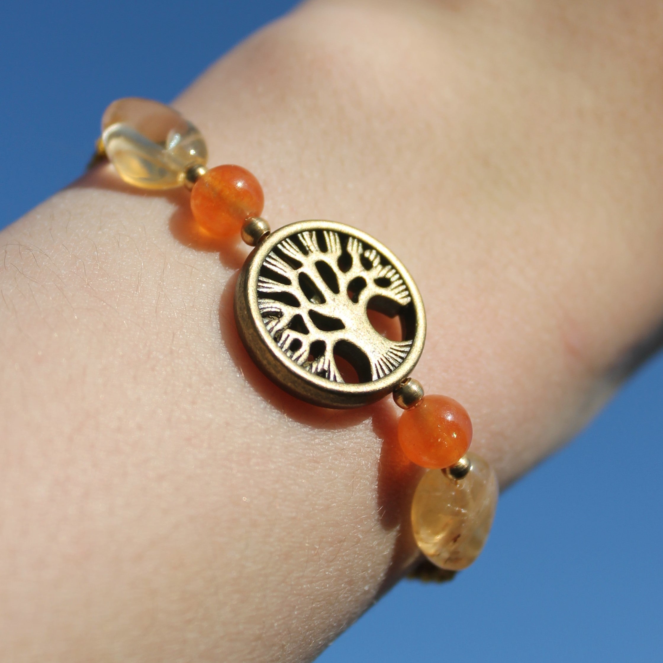 Carneol Citrin Edelsteinarmband Makramee mit Lebensbaum goldfarben