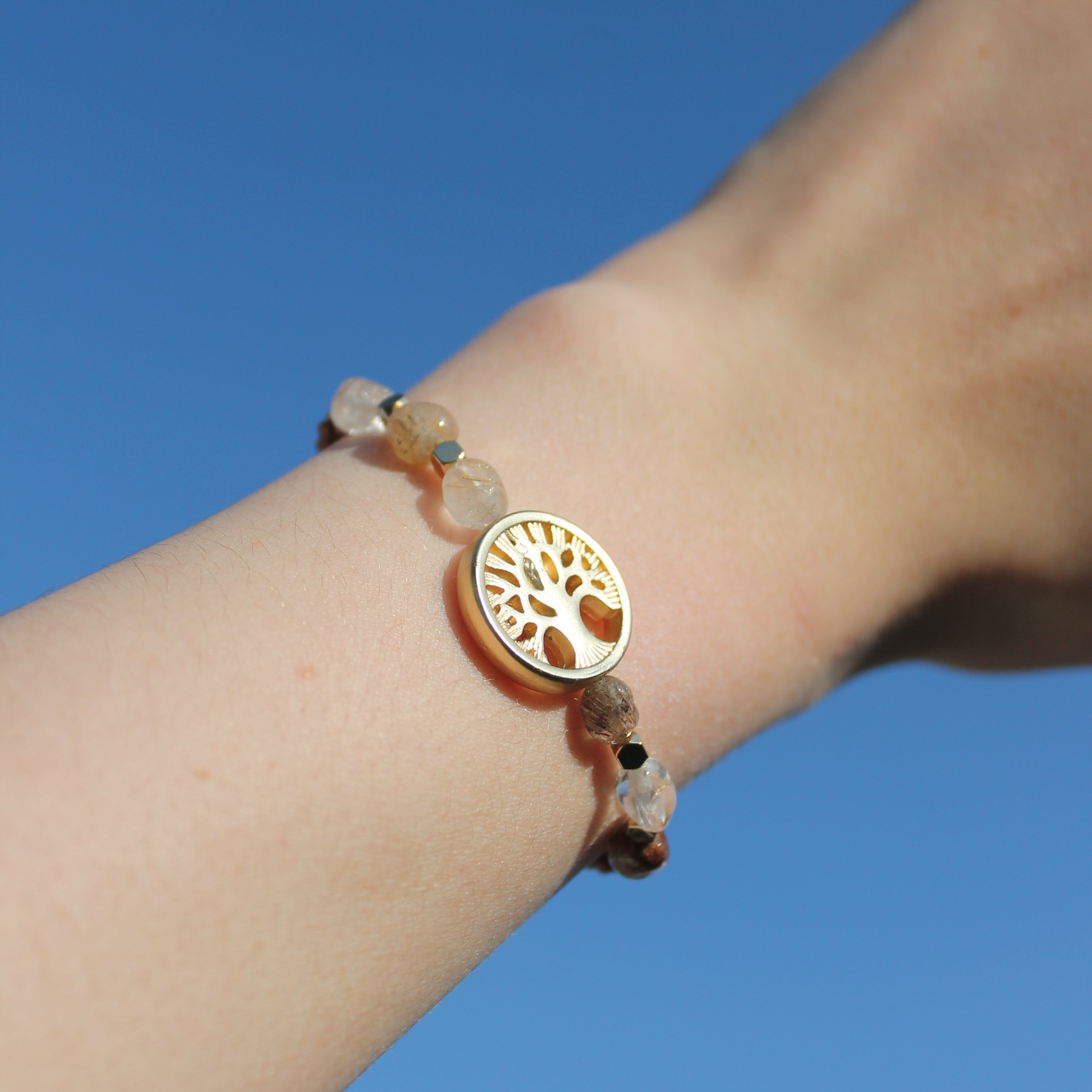 Citrin Prehnit Edelsteinarmband Makramee mit Lebensbaum goldfarben