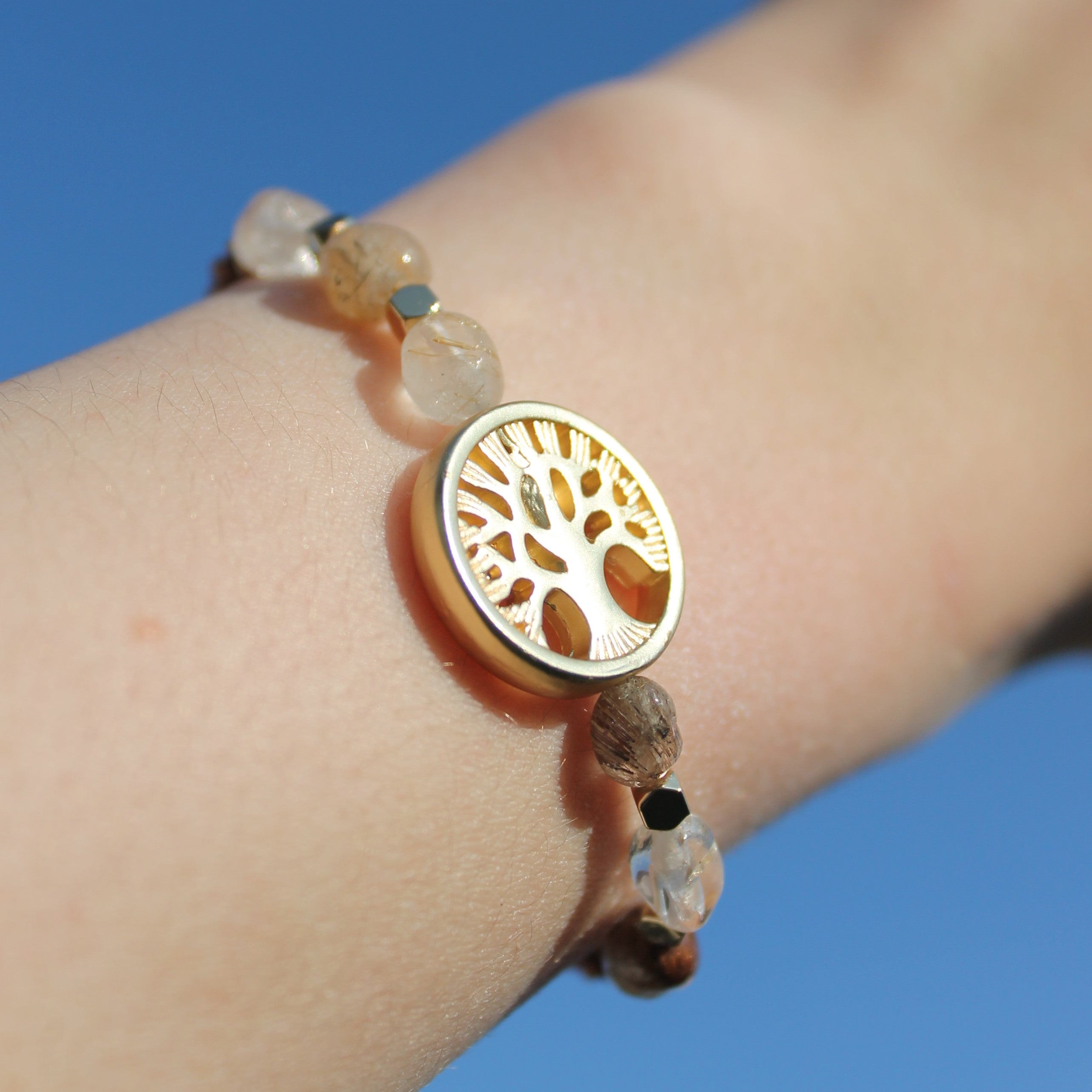 Citrin Prehnit Edelsteinarmband Makramee mit Lebensbaum goldfarben