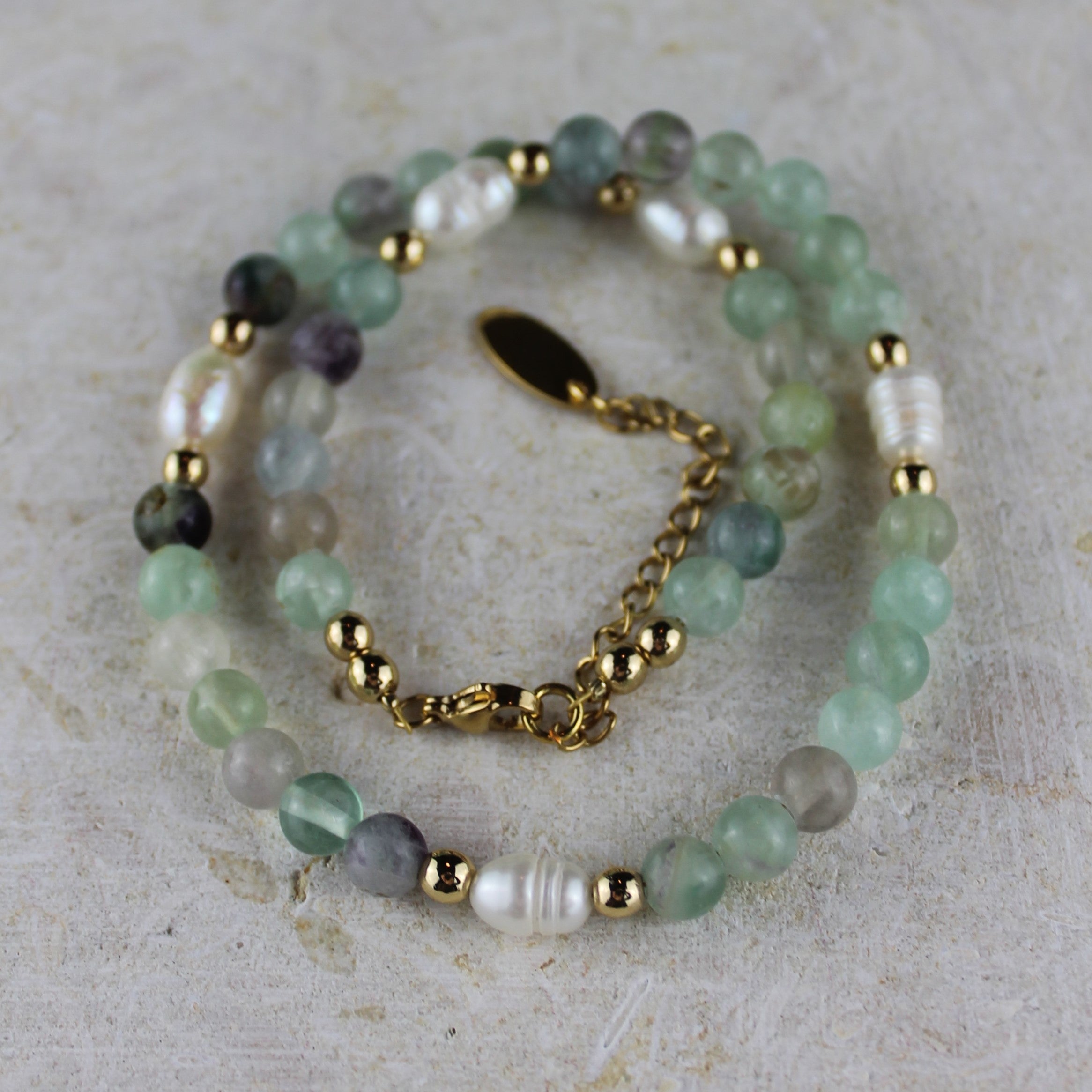 Fluorit mit Süßwasserperlen Choker Kette Hämatit goldfarben