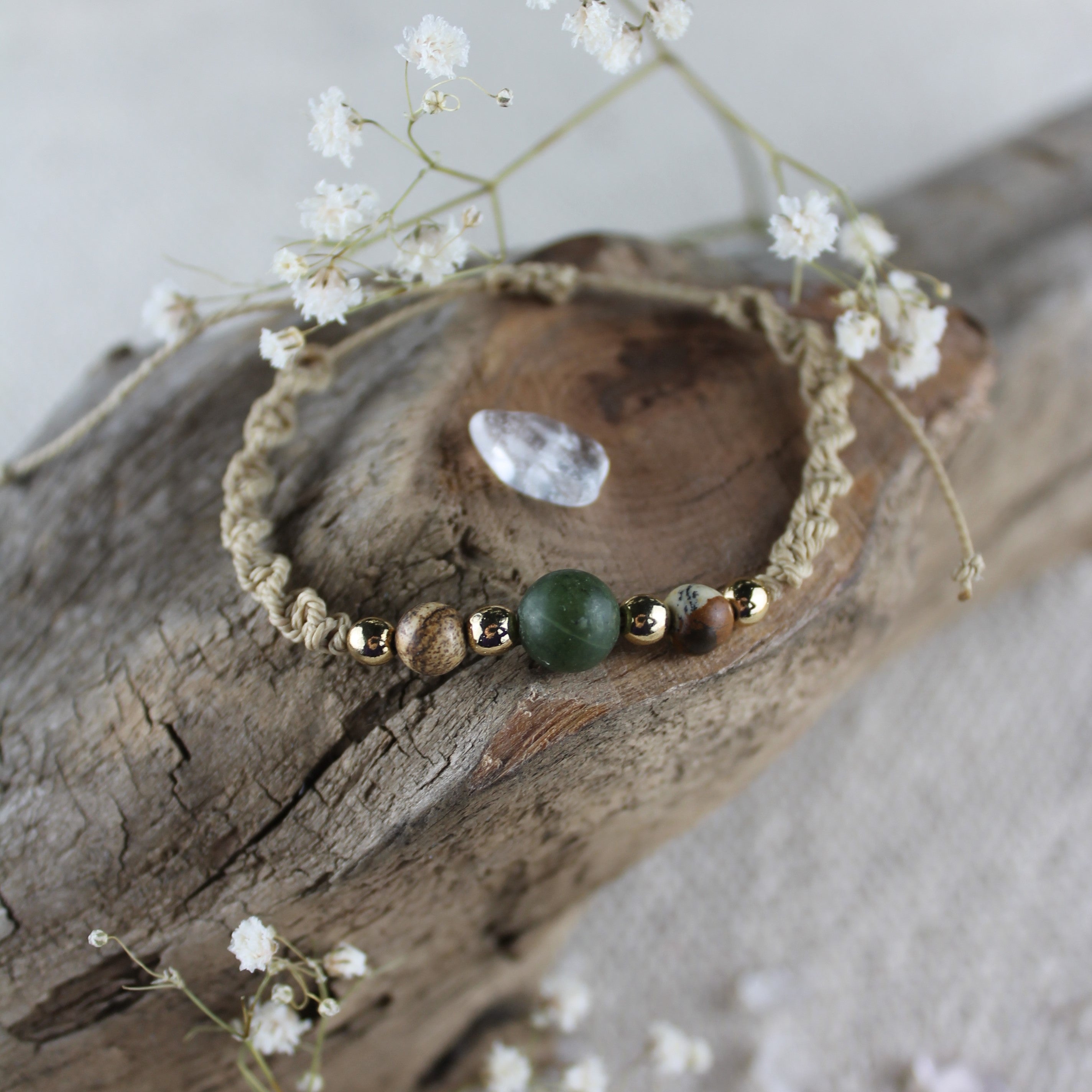 Jaspis Edelsteinarmband Makramee goldfarben