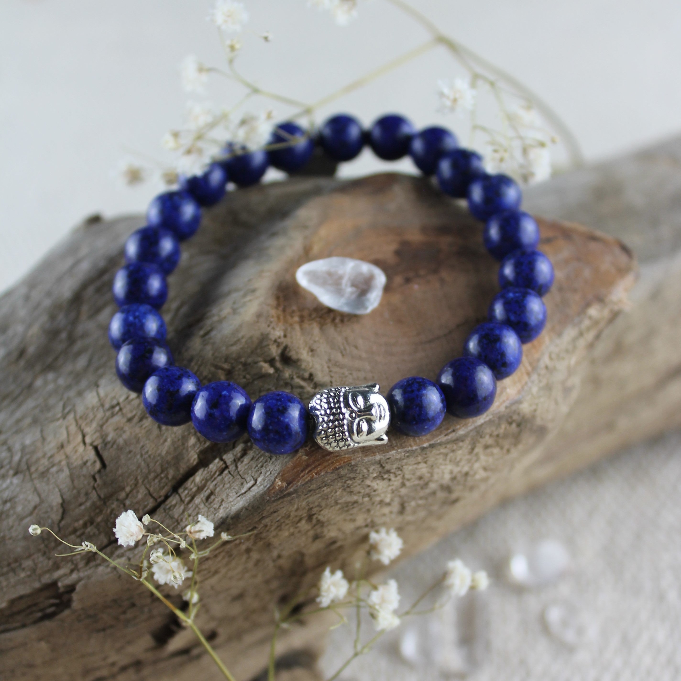 Lapislazuli Edelsteinarmband mit Buddha silberfarben