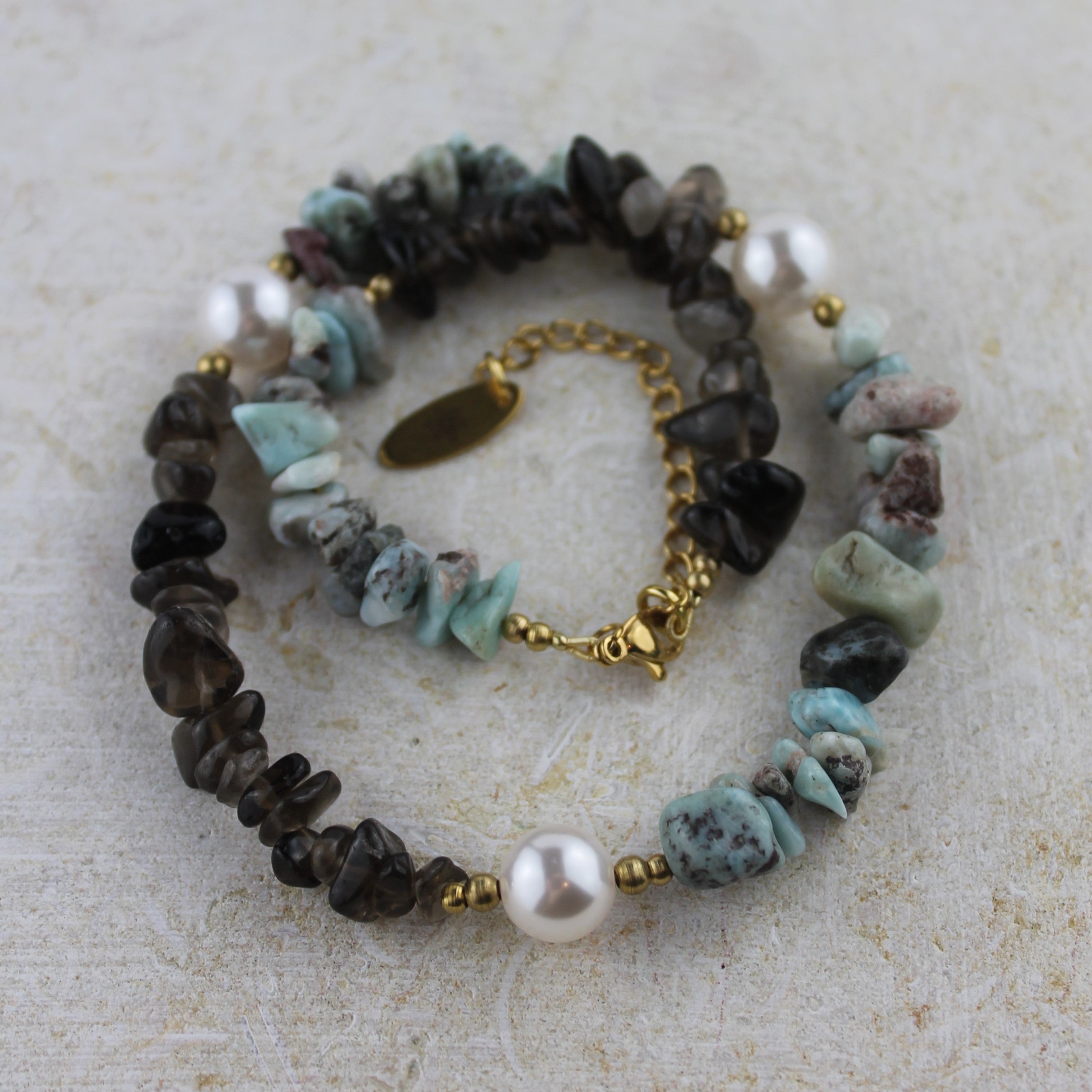 Larimar Rauchquarz mit Perlen Choker Kette goldfarben
