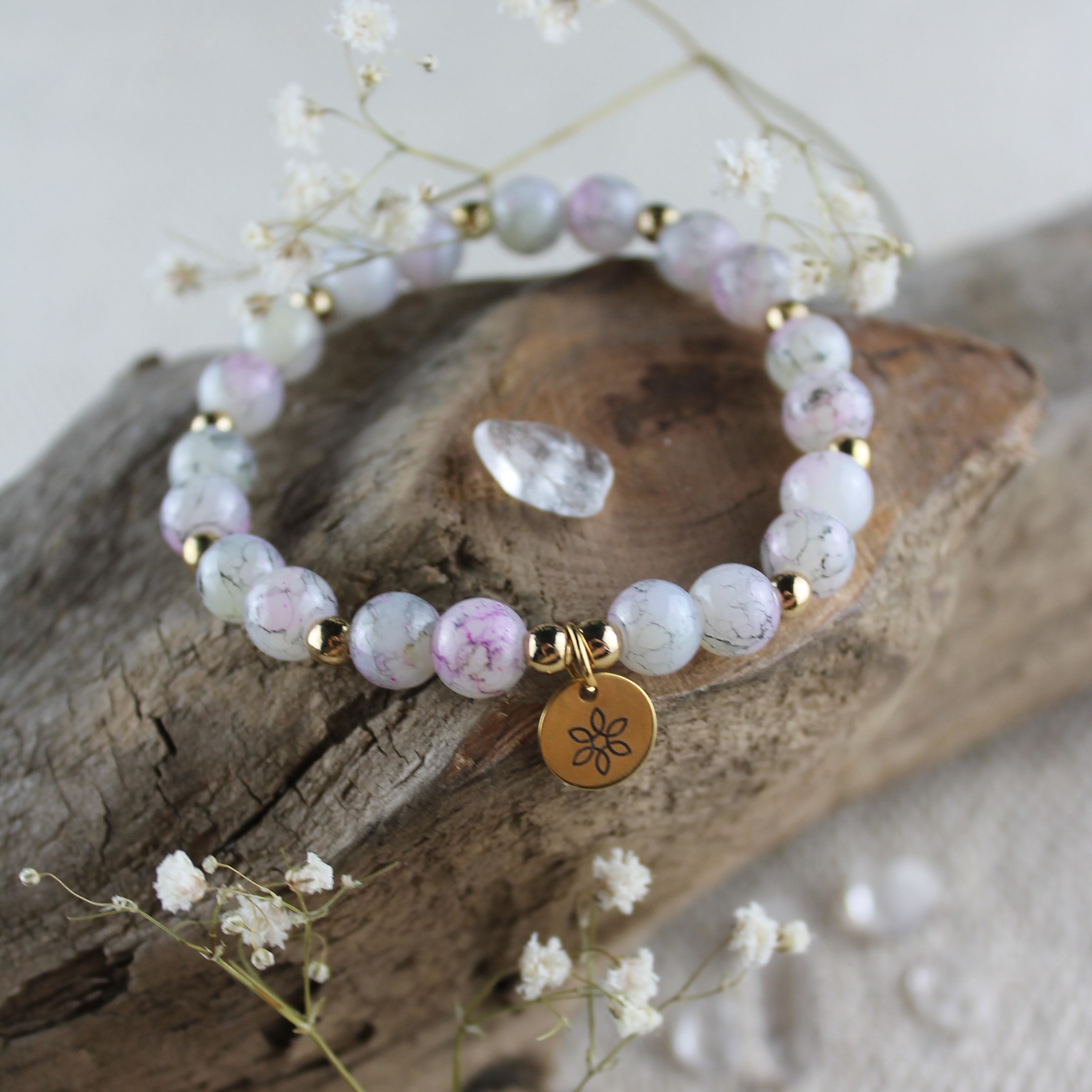 Perlenarmband lila mit Hämatit goldfarben