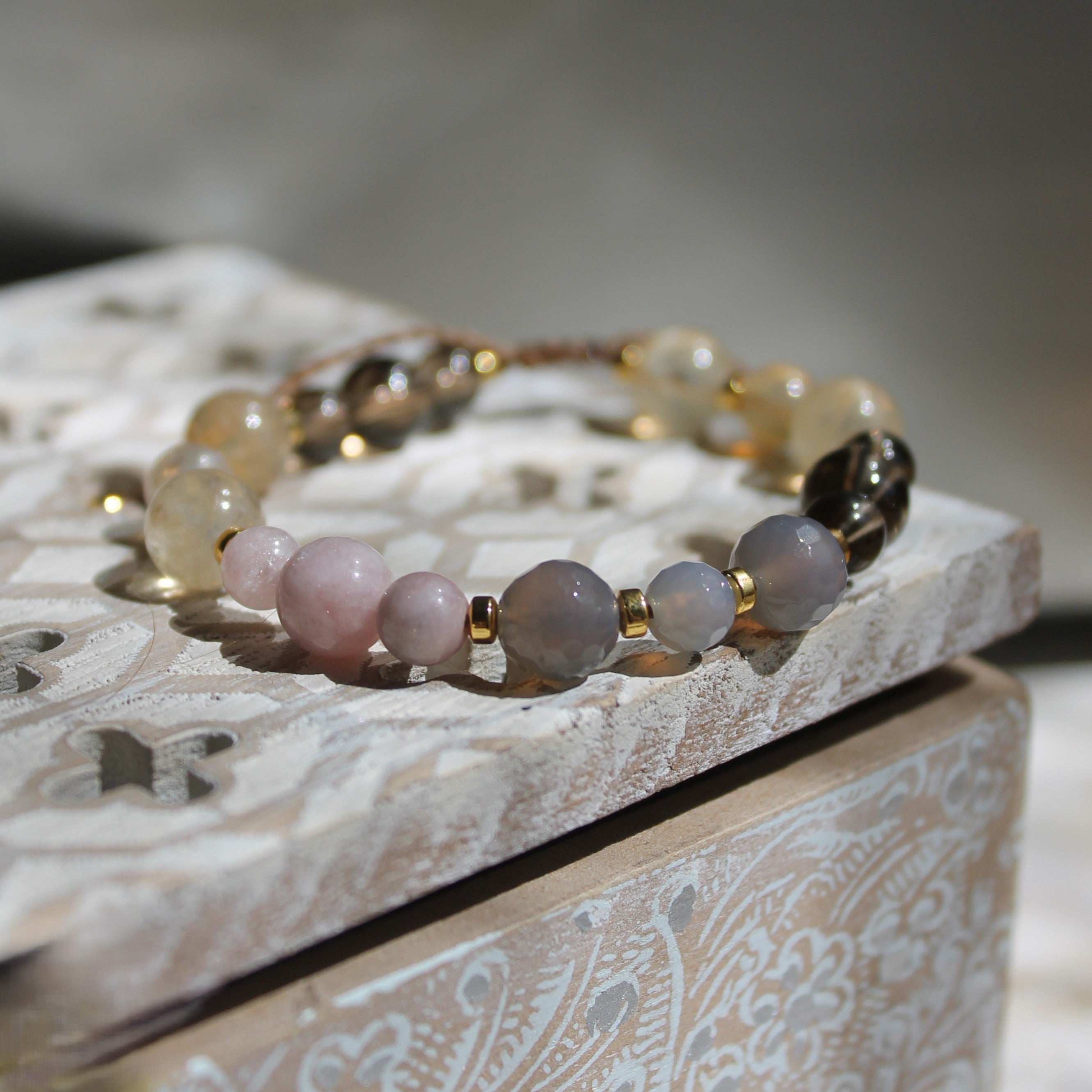 Achat, Citrin, Rauchquarz, Sonnenstein Mala goldfarben