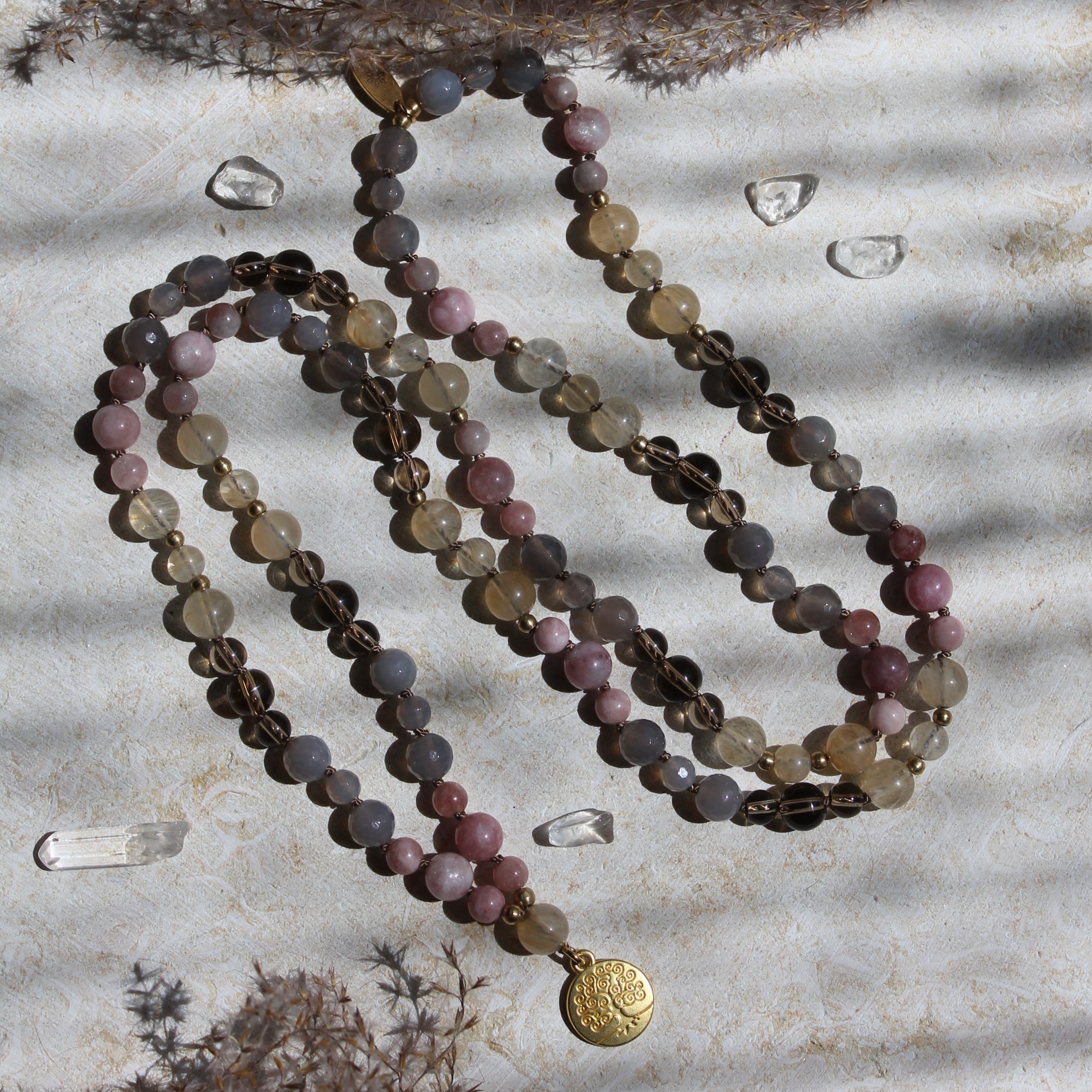 Achat, Citrin, Rauchquarz, Sonnenstein Mala goldfarben