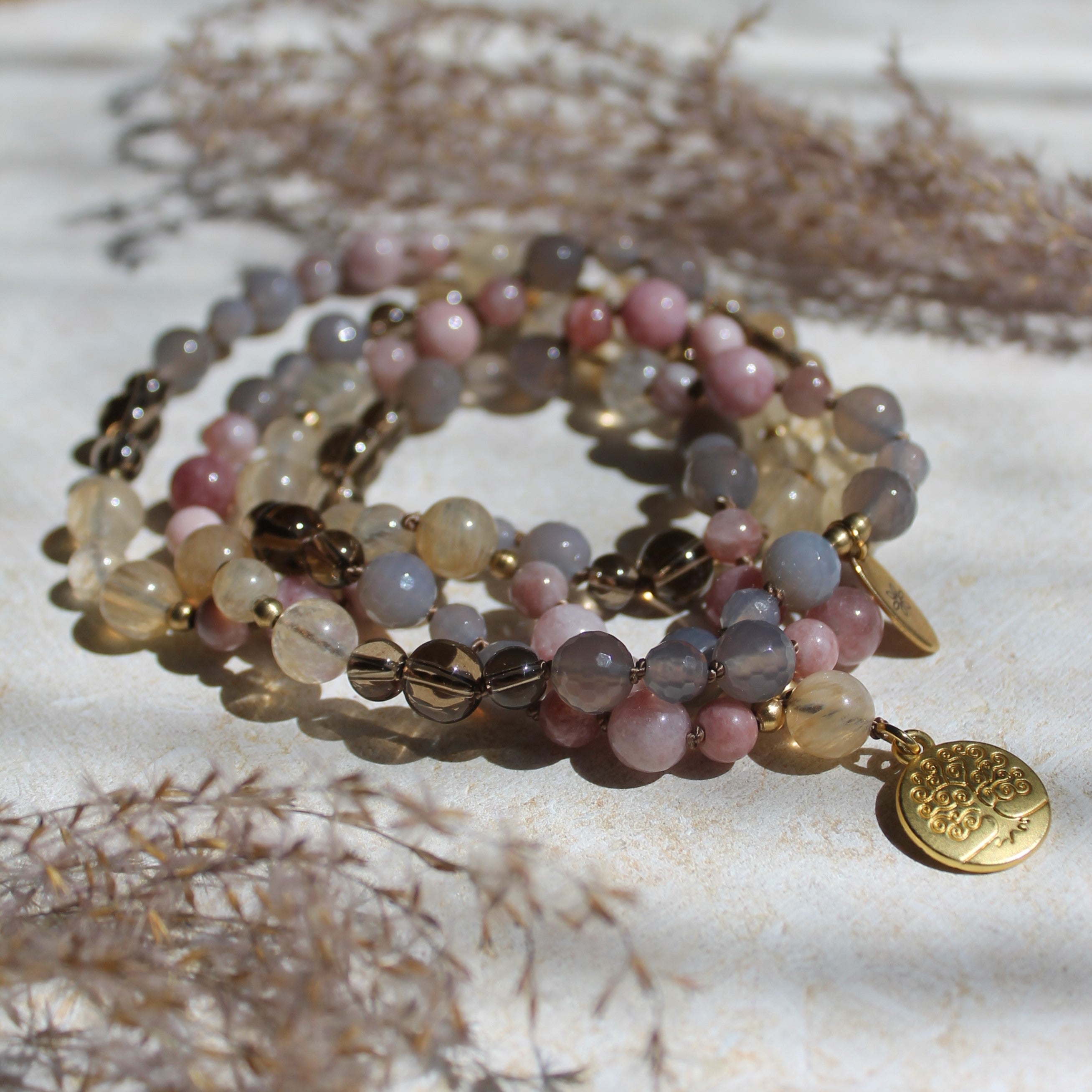 Achat, Citrin, Rauchquarz, Sonnenstein Mala goldfarben