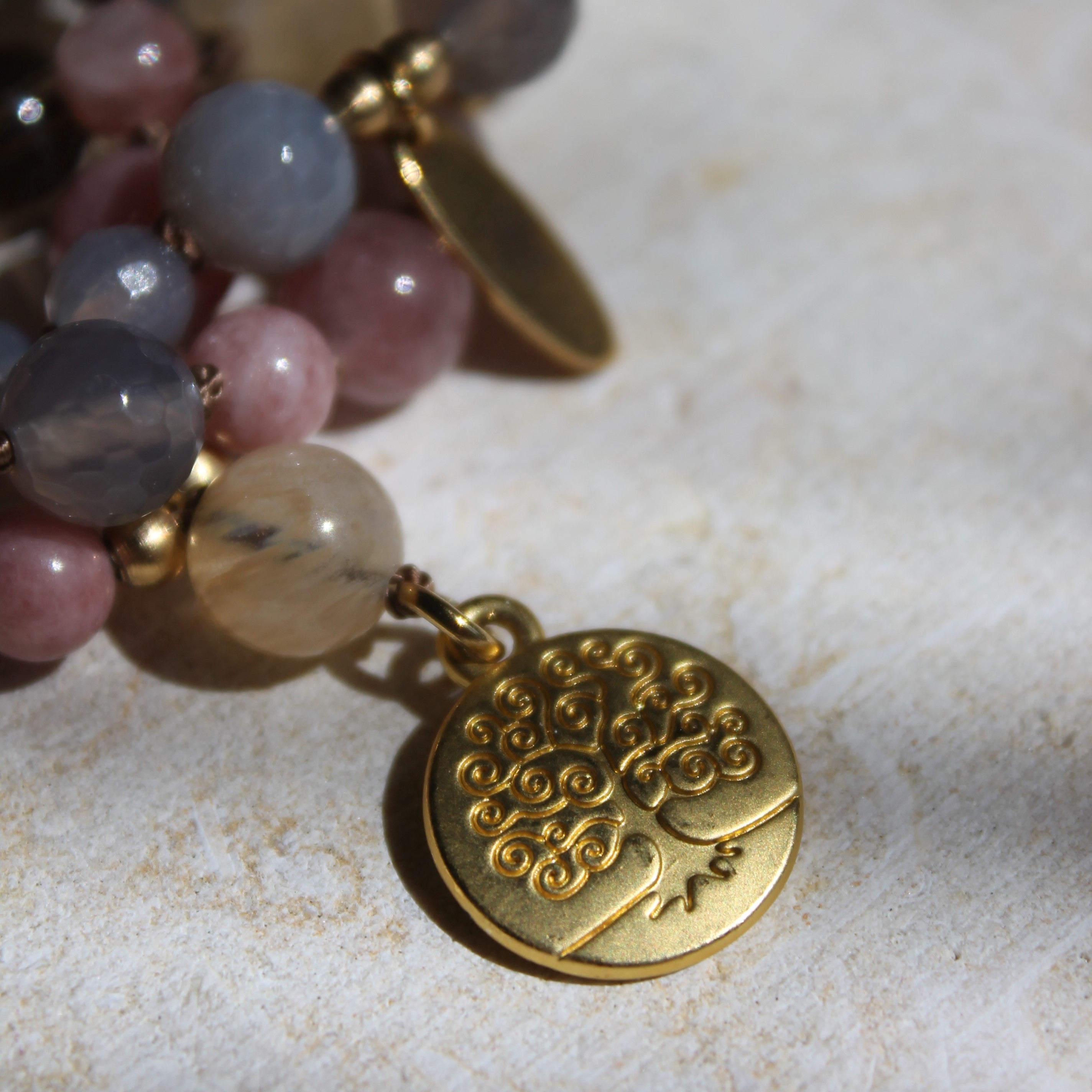 Achat, Citrin, Rauchquarz, Sonnenstein Mala goldfarben