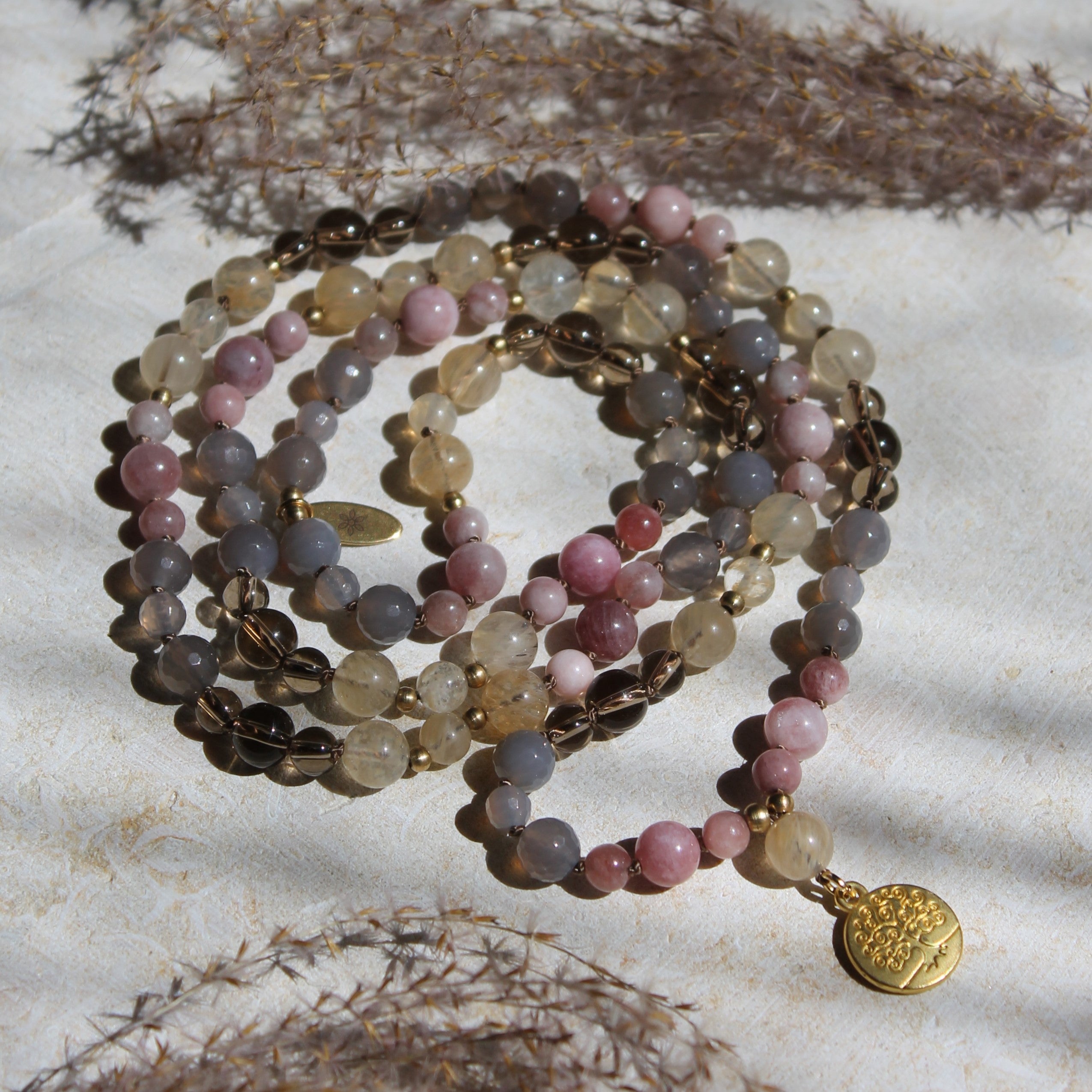 Achat, Citrin, Rauchquarz, Sonnenstein Mala goldfarben