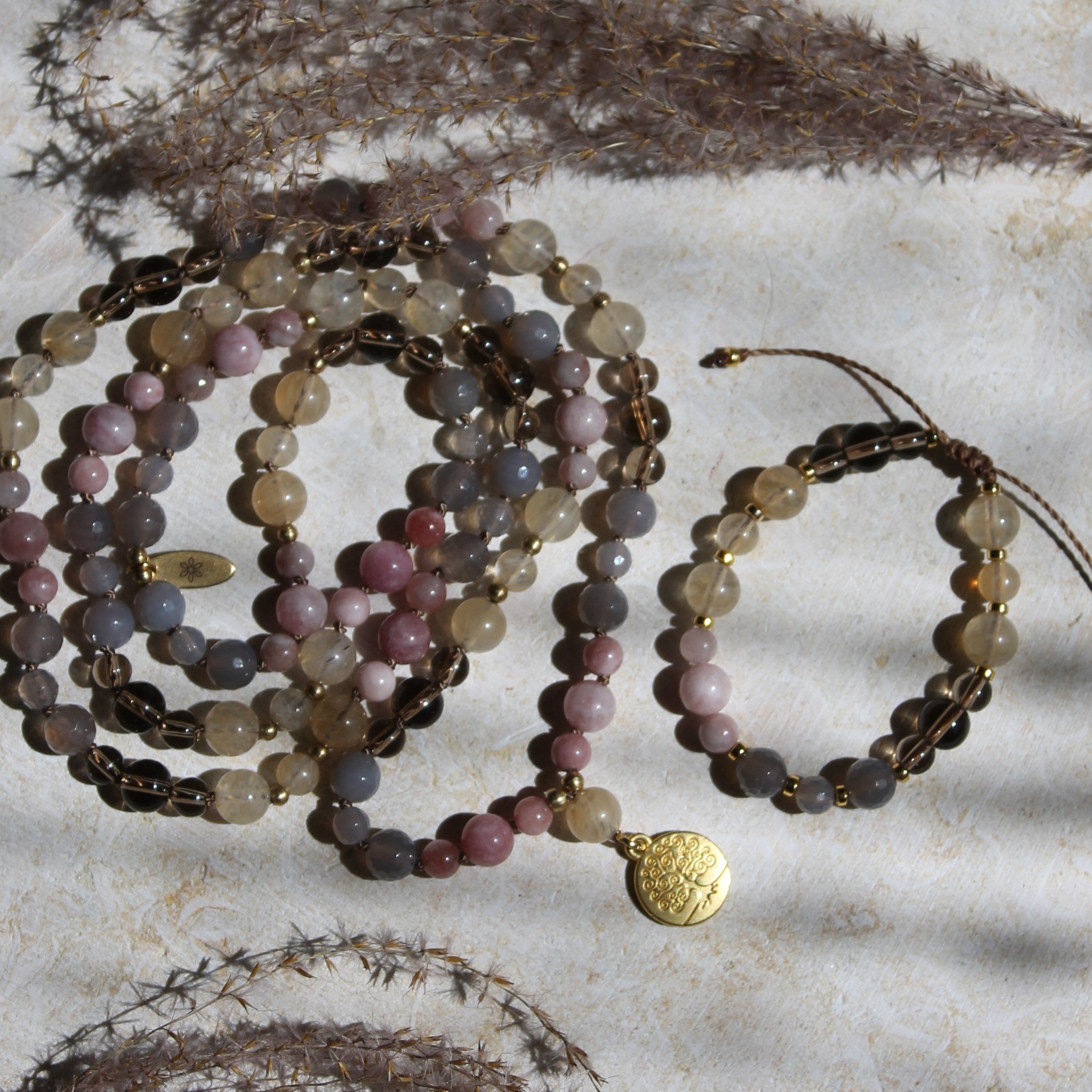 Achat, Citrin, Rauchquarz, Sonnenstein Mala goldfarben