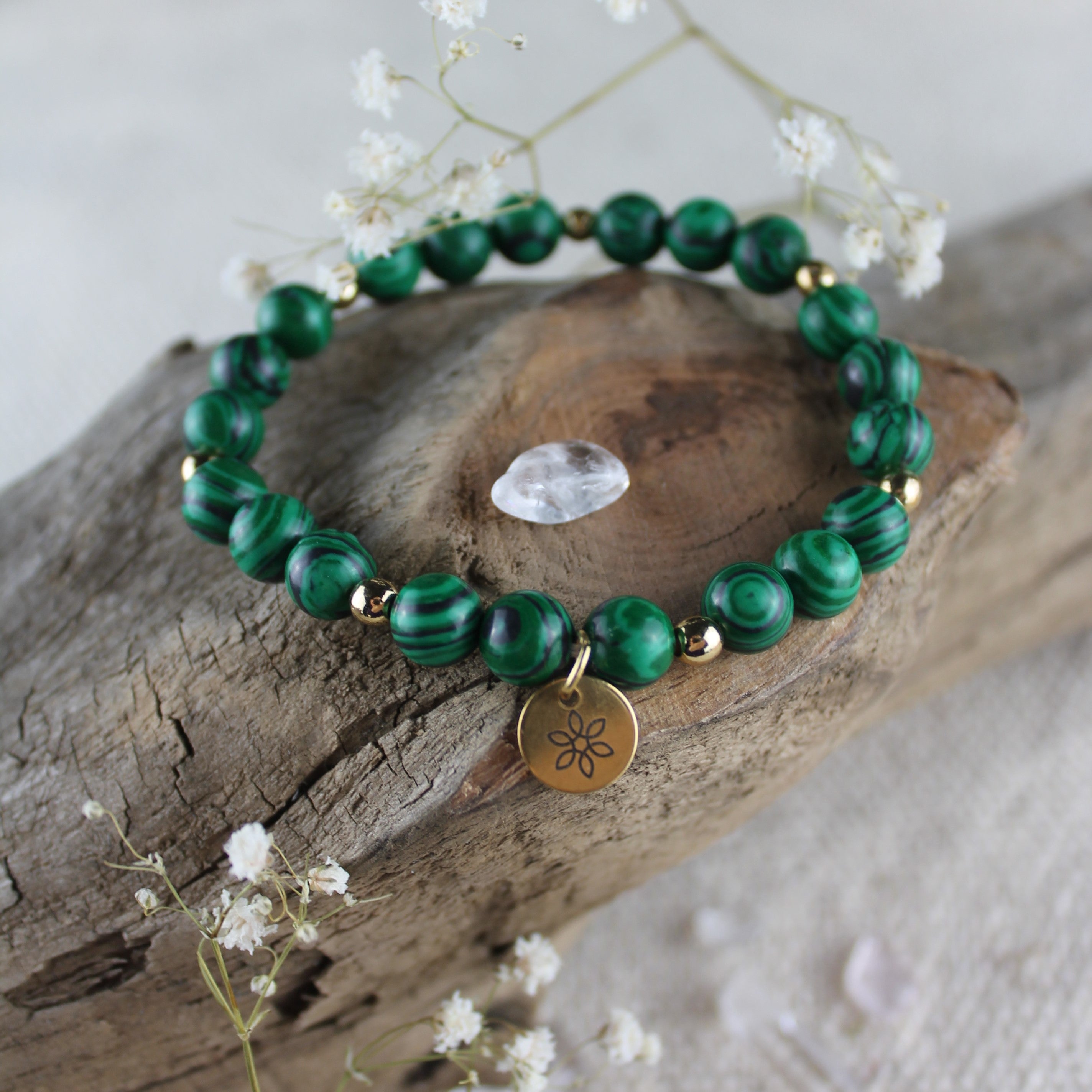 Malachit Edelsteinarmband mit Hämatit goldfarben