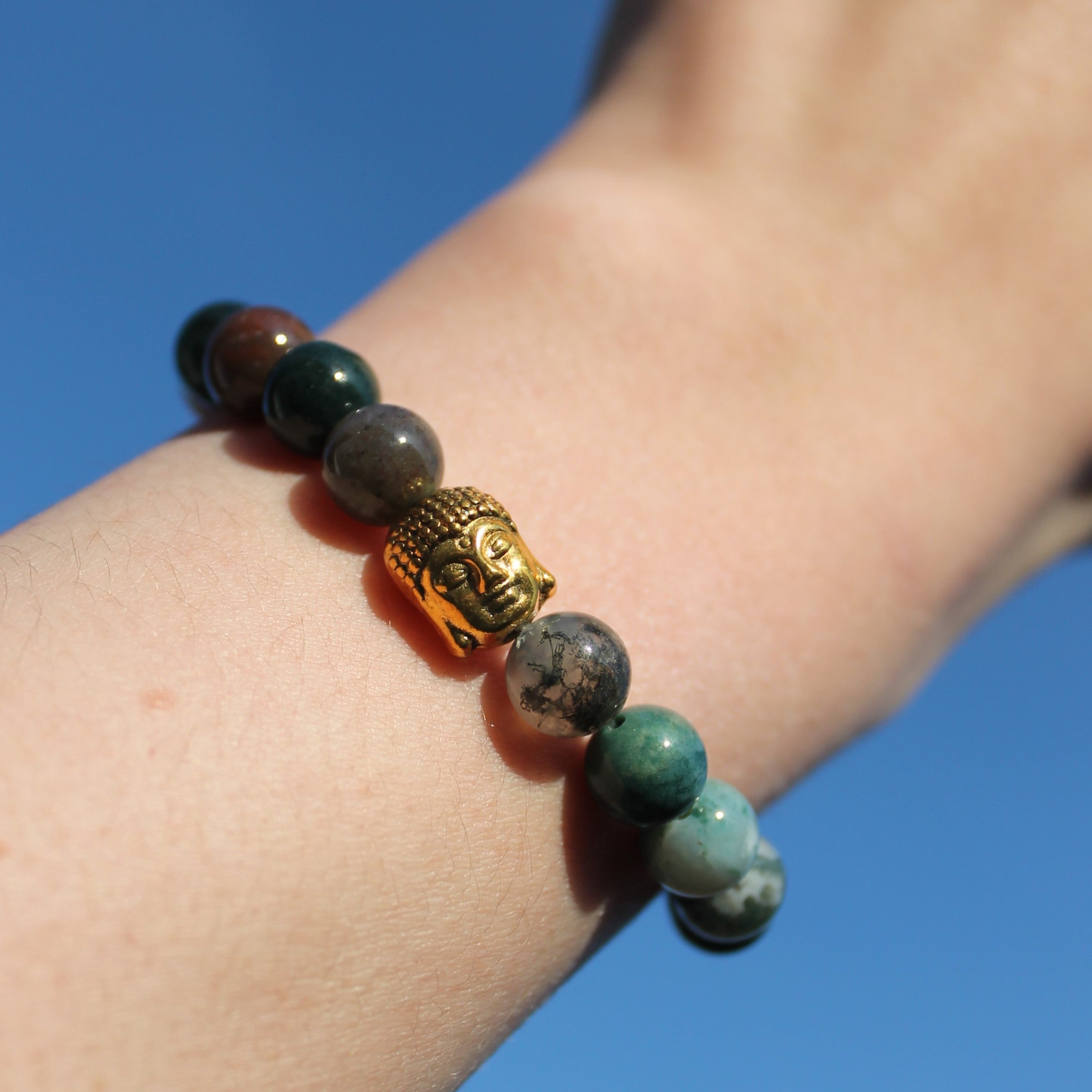 Moosachat Edelsteinarmband mit Buddha goldfarben