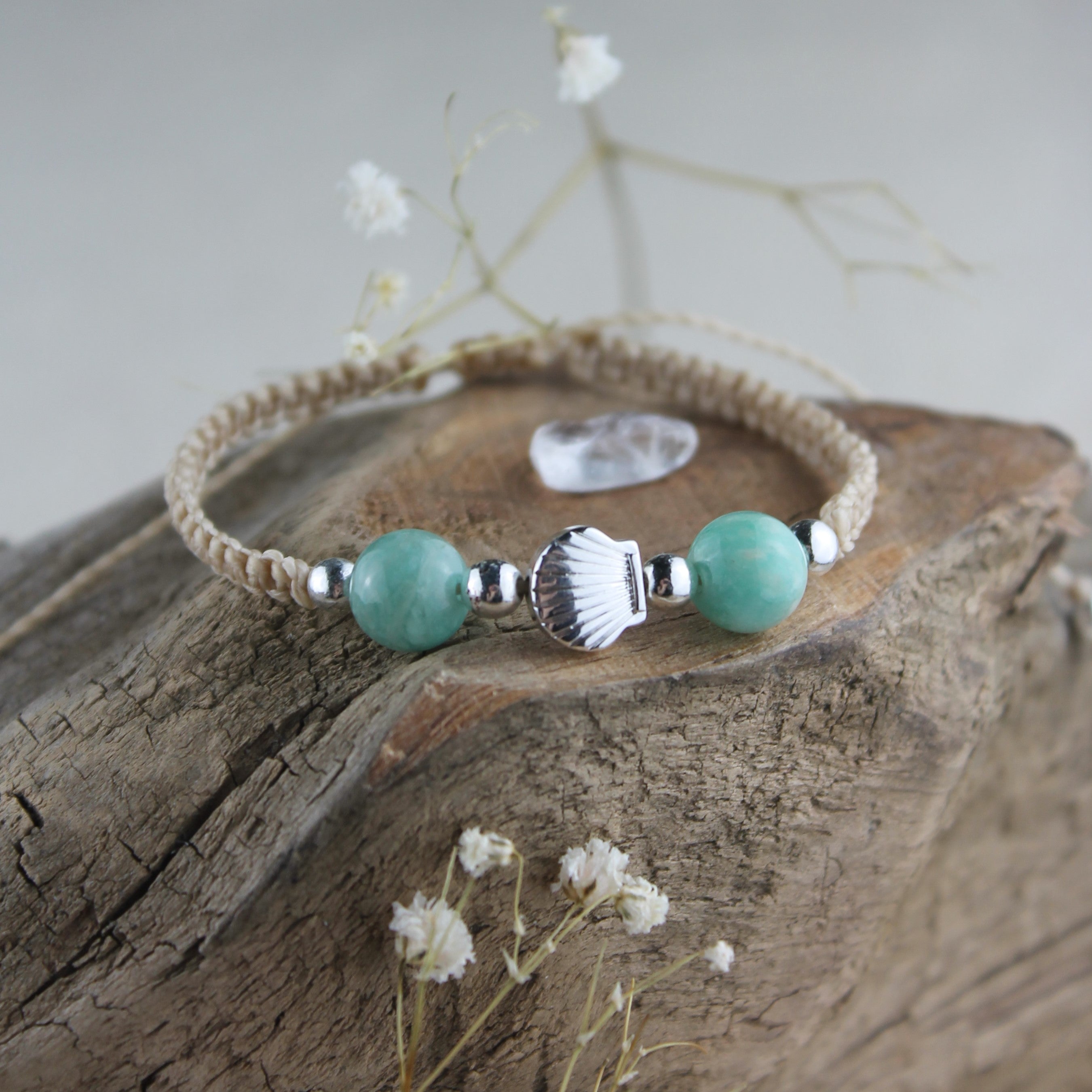 Personalisiertes Armband Makramee Muschel silberfarben