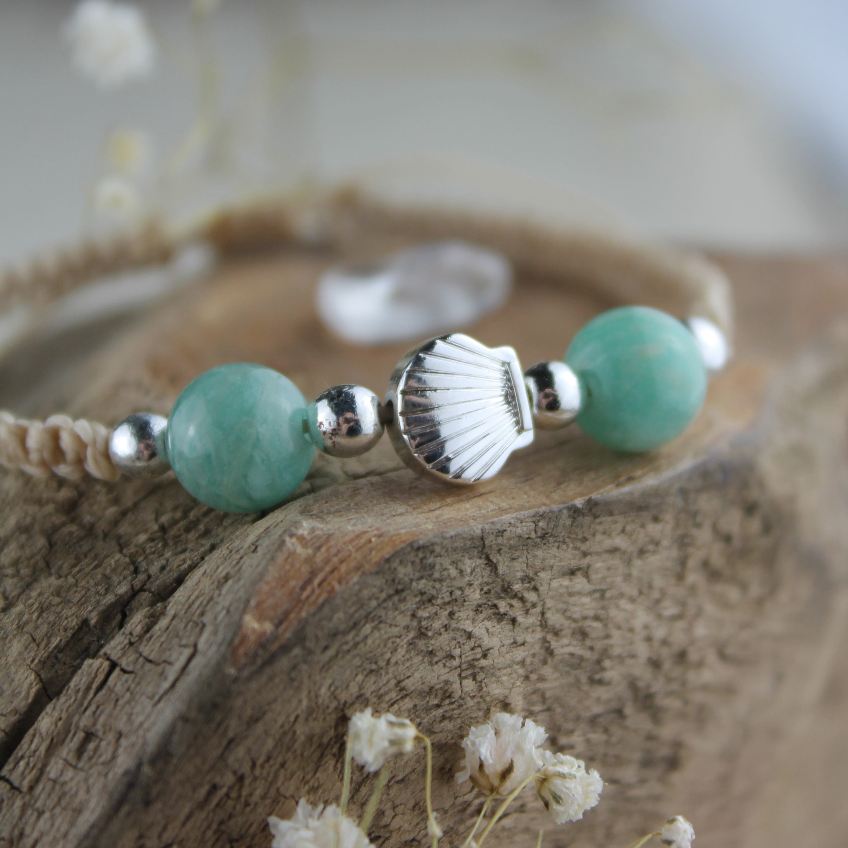 Personalisiertes Armband Makramee Muschel silberfarben