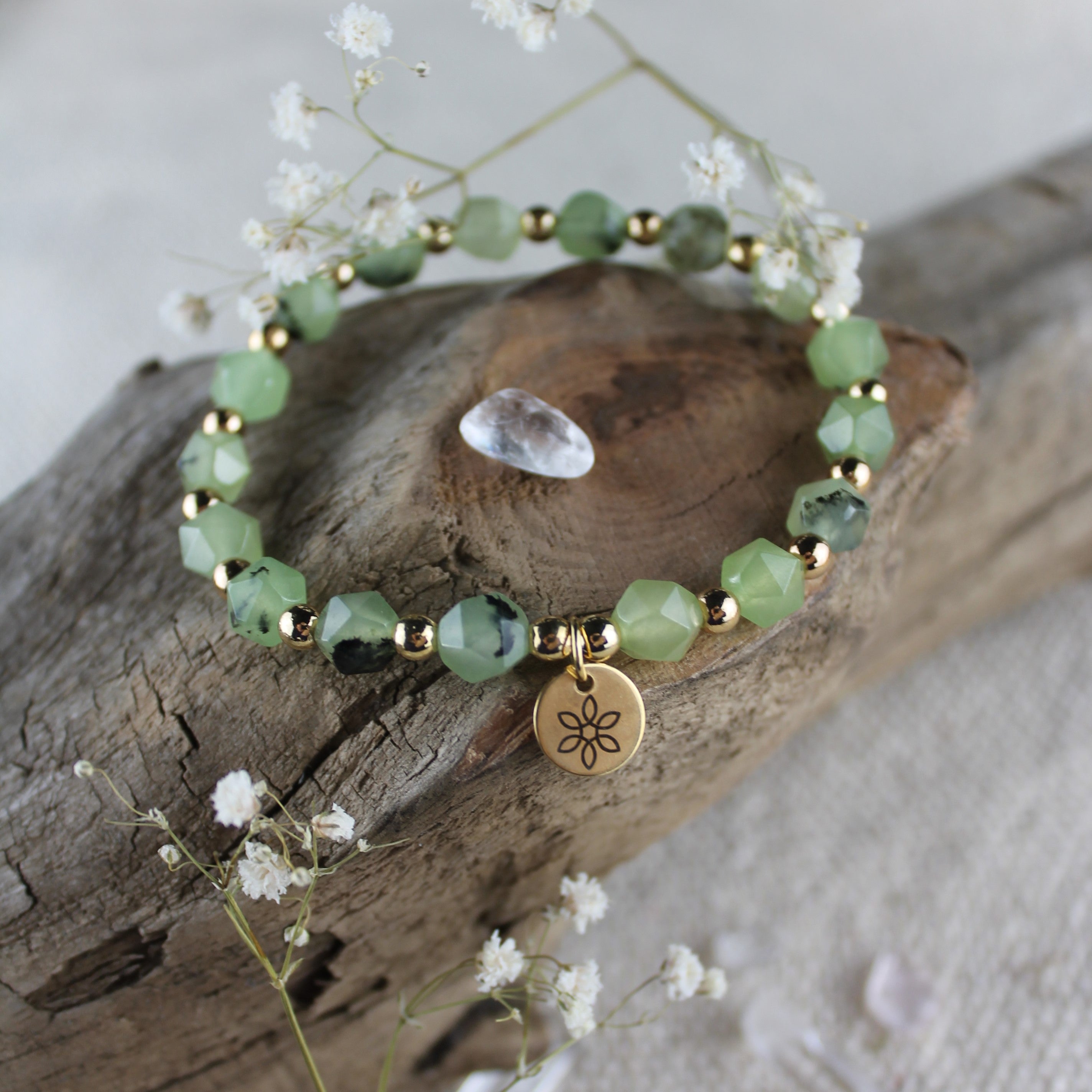 Olivin Edelsteinarmband mit Hämatit goldfarben 8mm