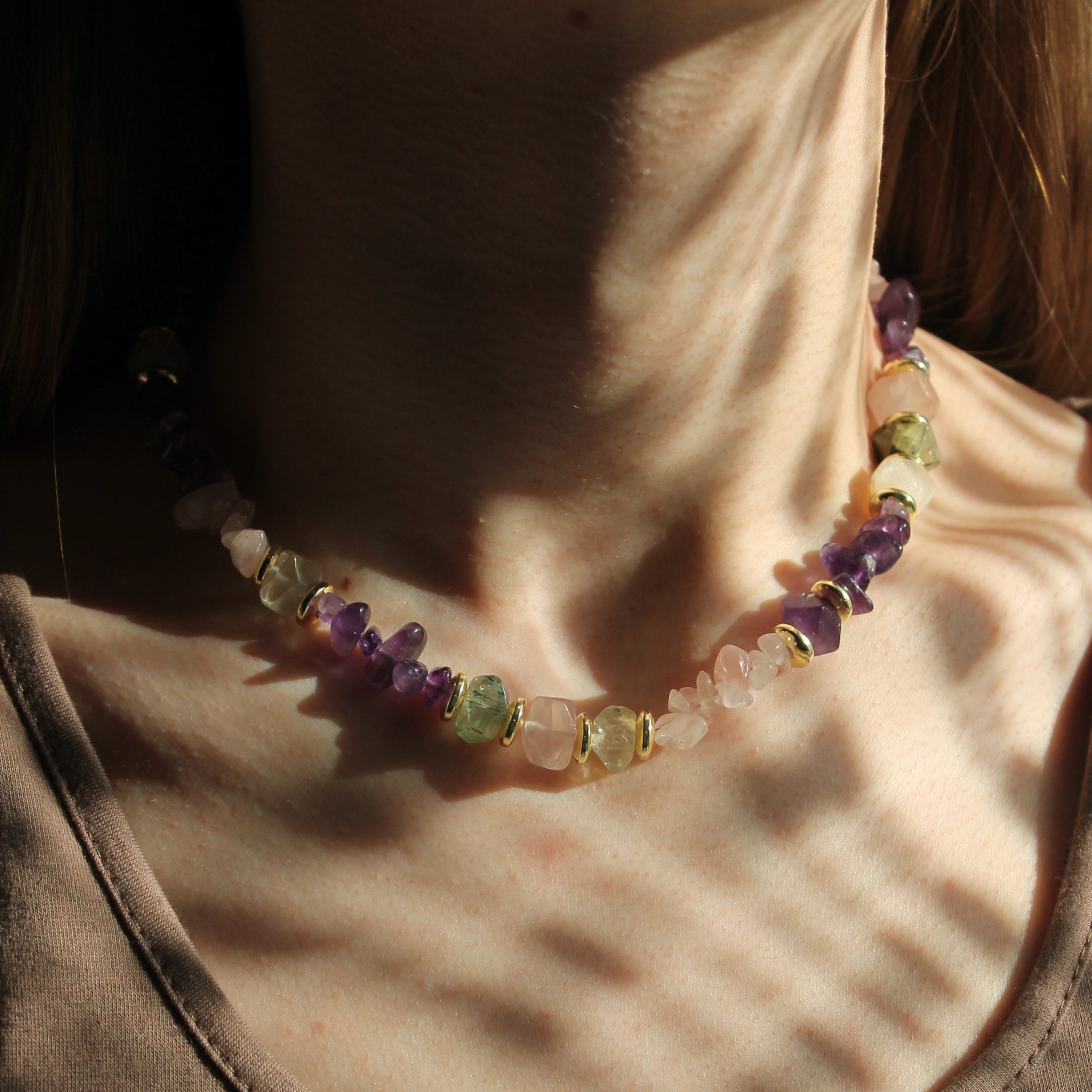 Amethyst Citrin Olivin Rosenquarz Choker Kette Hämatit goldfarben