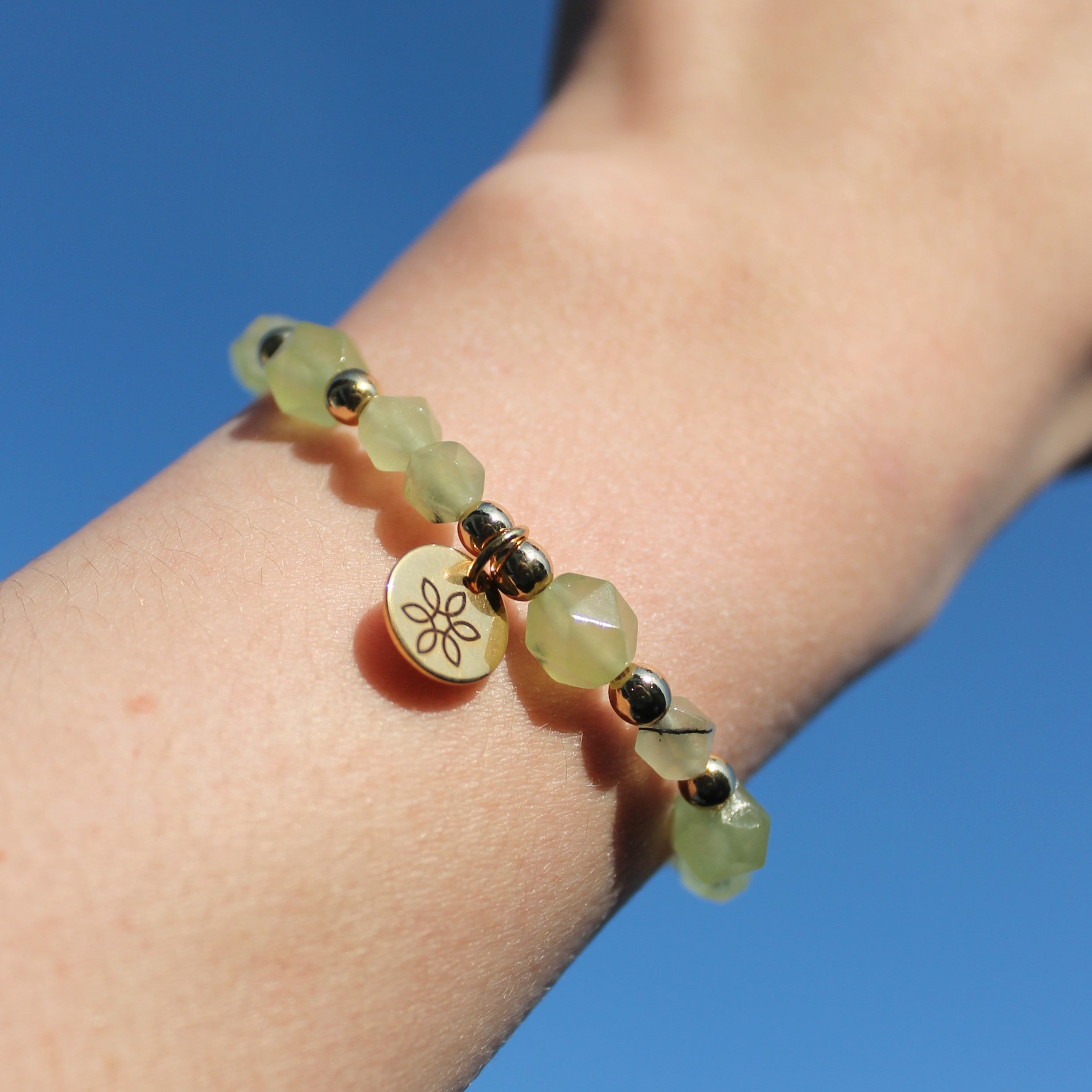 Olivin Edelsteinarmband mit Hämatit goldfarben 6mm und 8mm