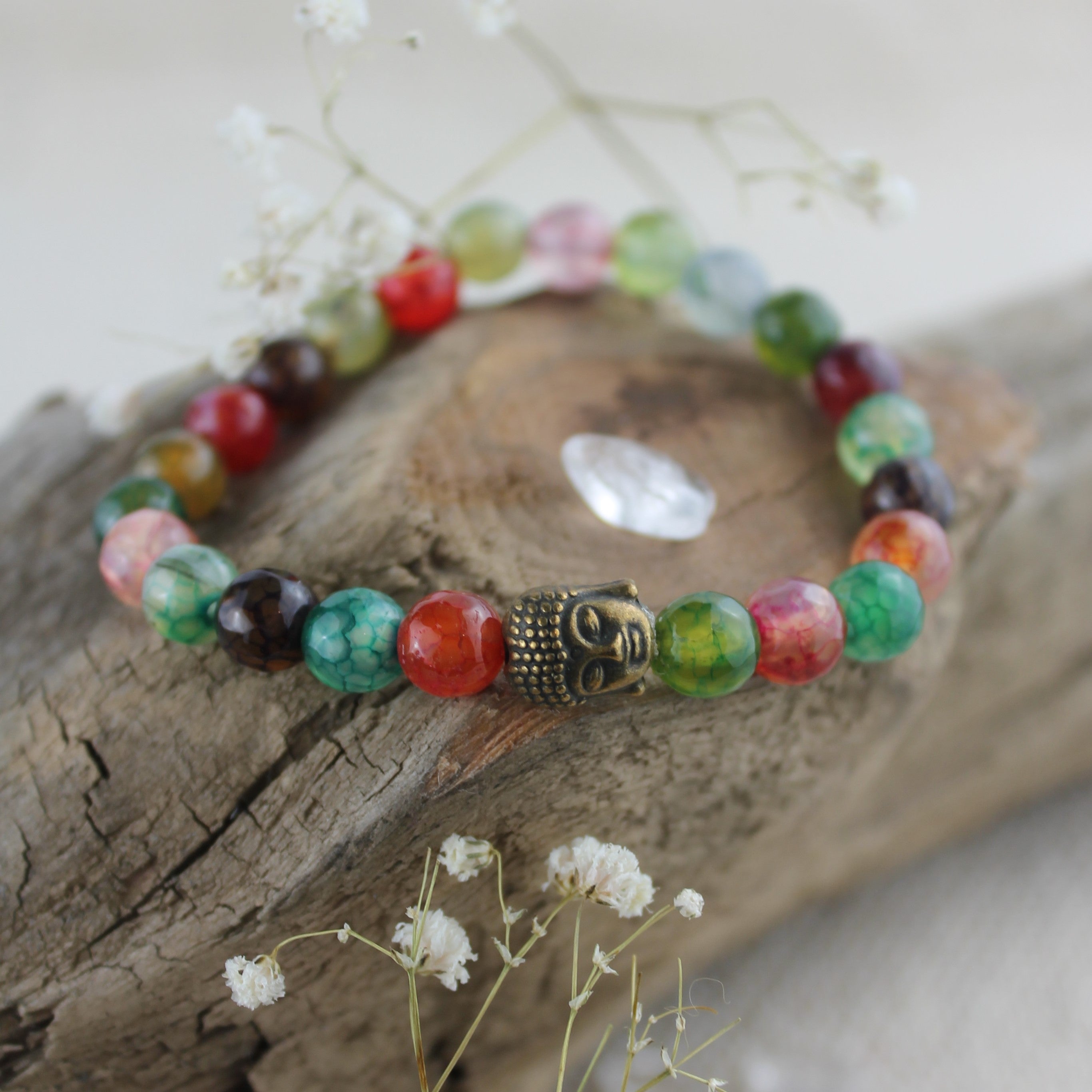Perlenarmband bunt mit Buddha goldfarben