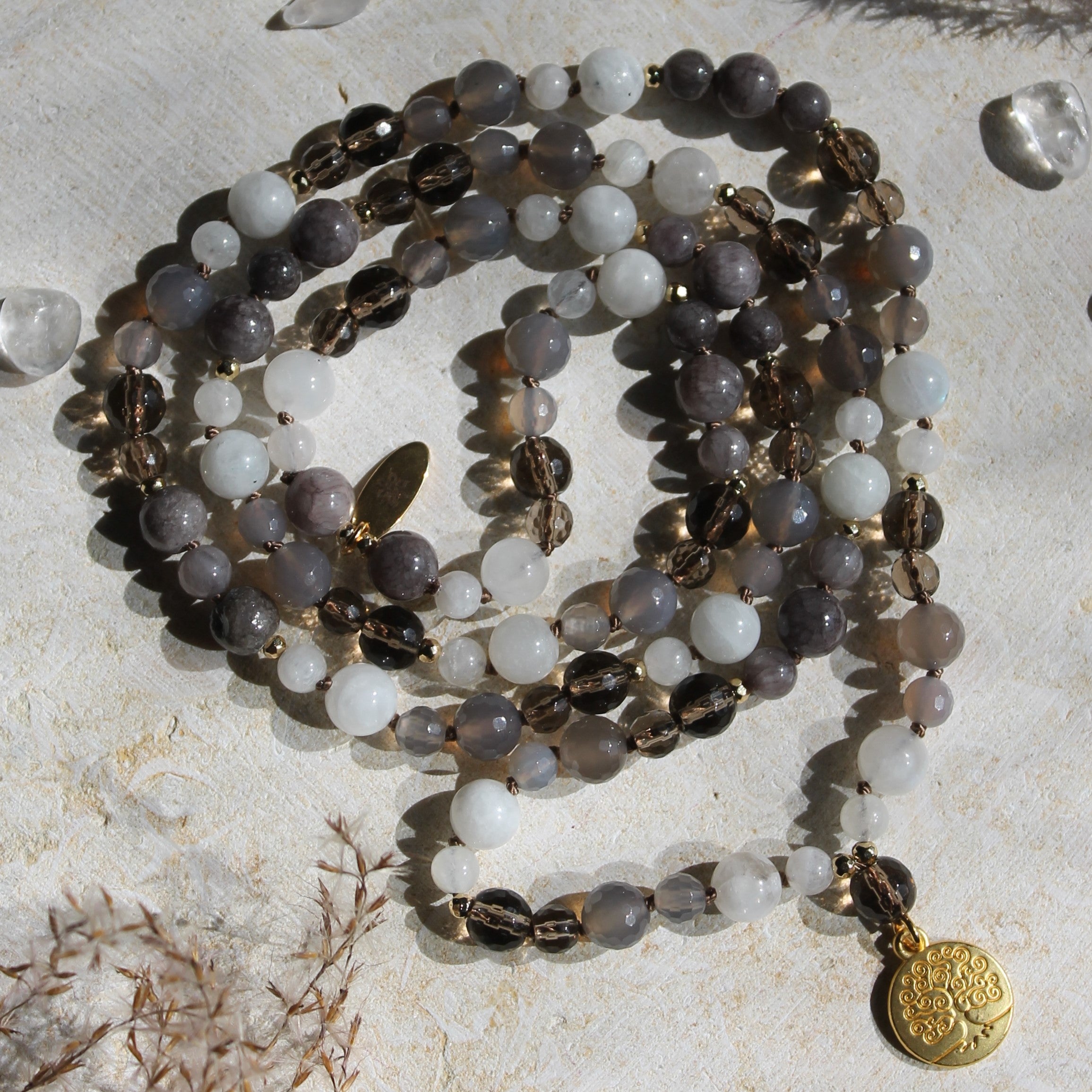 Achat, Rauchquarz, Mondstein Mala goldfarben
