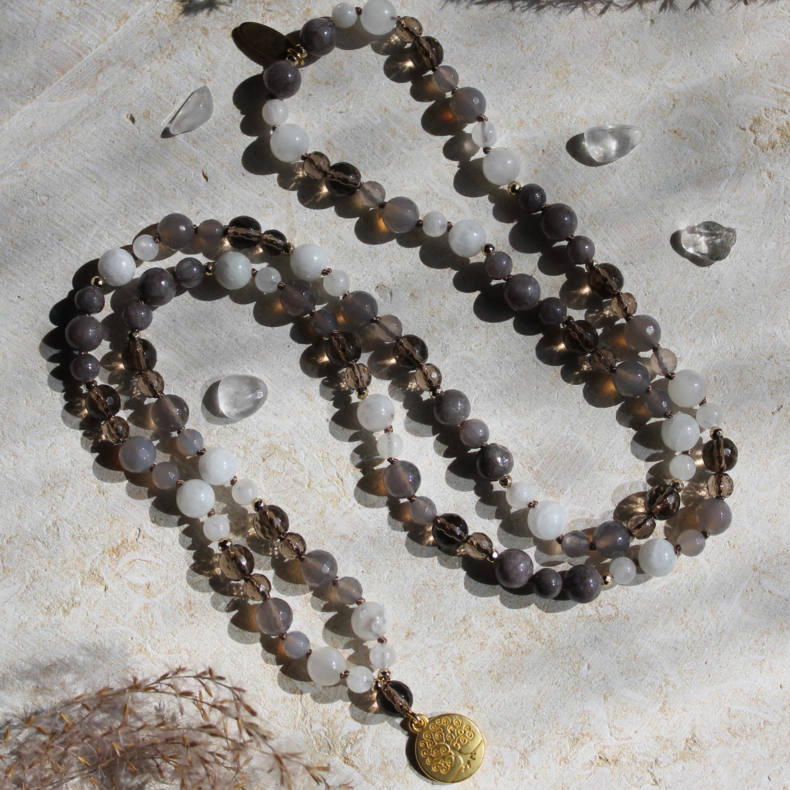 Achat, Rauchquarz, Mondstein Mala goldfarben