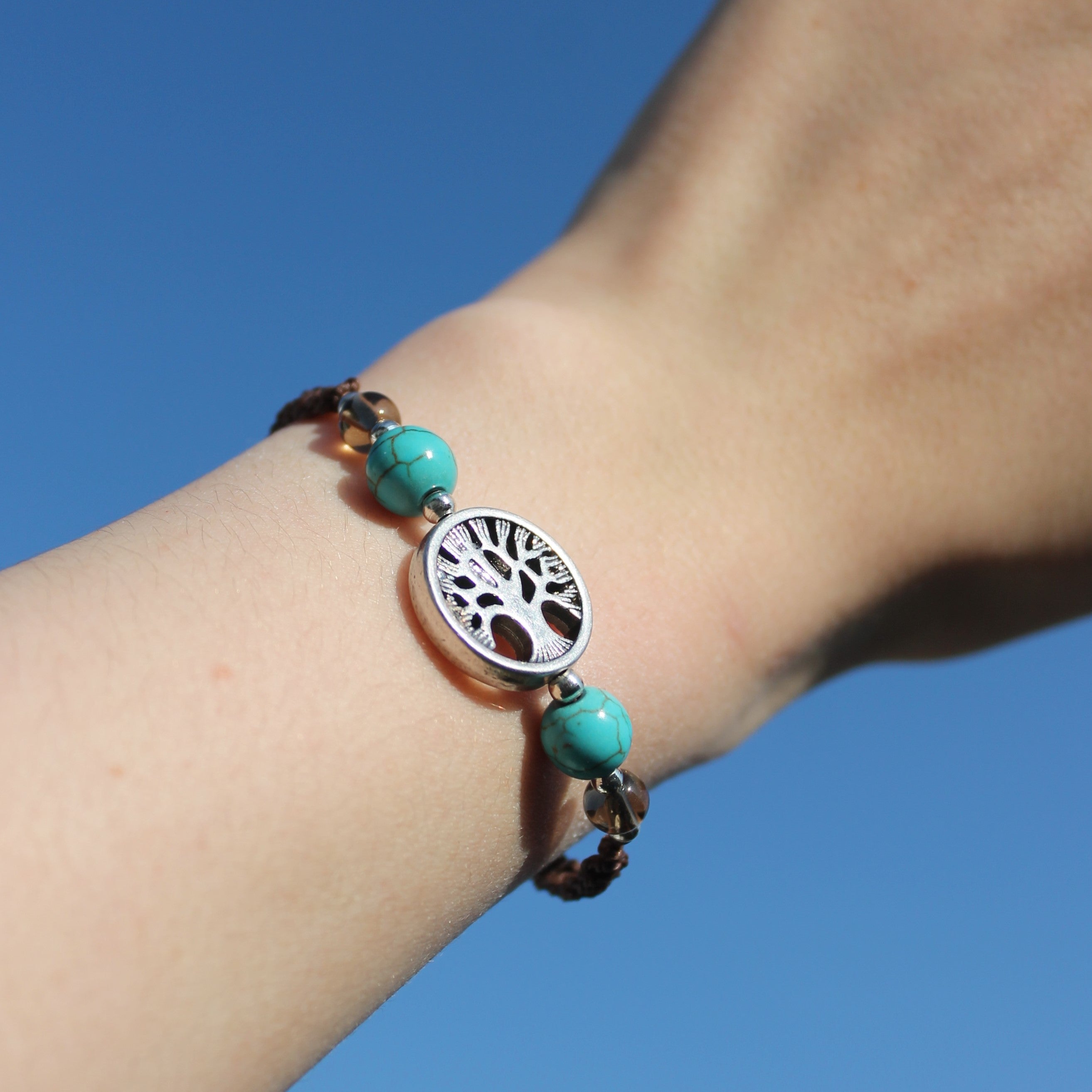 Rauchquarz Türkis Edelsteinarmband Makramee mit Lebensbaum gold- oder silberfarben